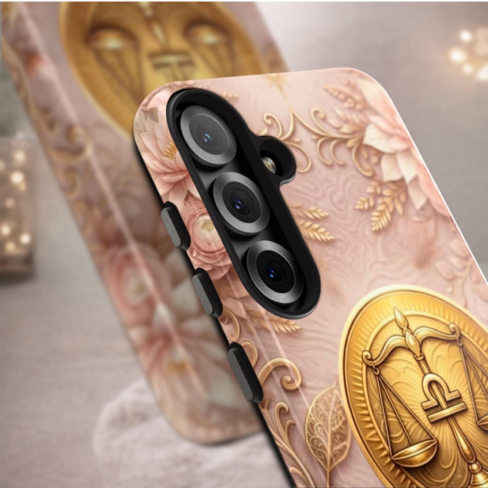 Close up Libra phone case showing camera protection, durable custom zodiac iPhone case glossy finish protective cover