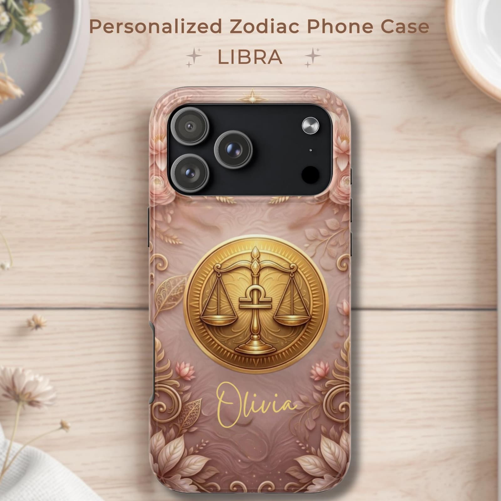 Personalized Libra phone case with name, zodiac sign scales design, custom iPhone case astrology gift for her