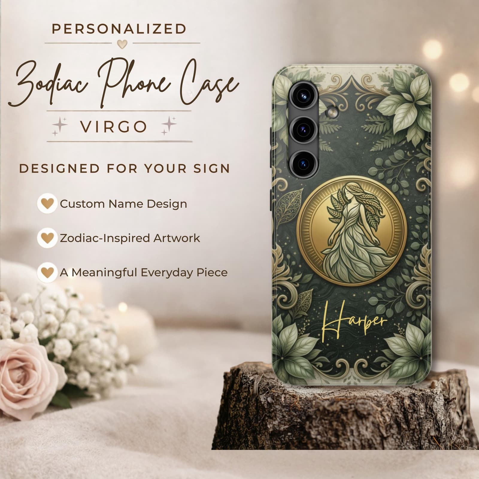 Personalized Virgo phone case with custom name, zodiac inspired artwork, meaningful everyday phone cover, astrology gift idea