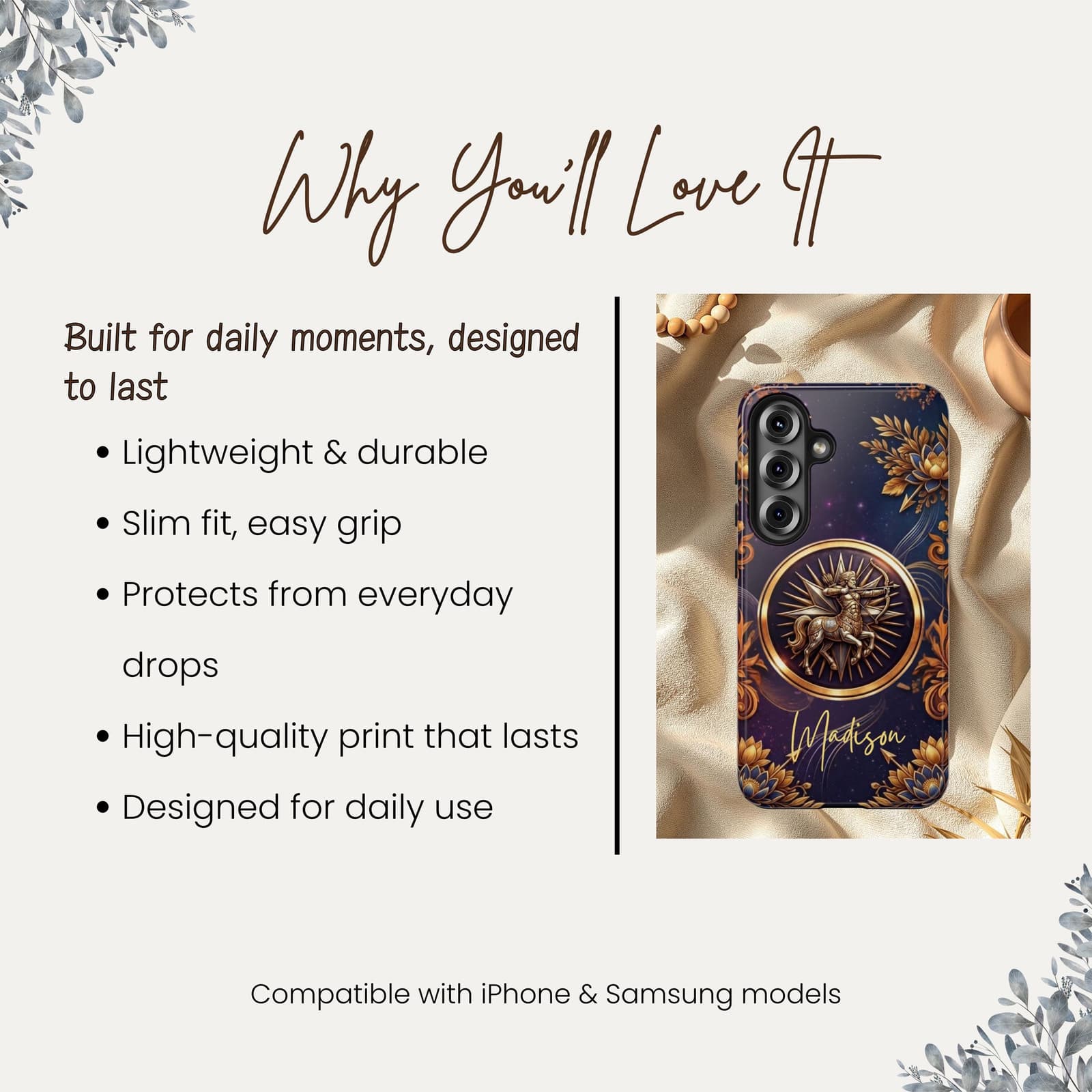 Features of Sagittarius personalized phone case, lightweight durable slim fit protective zodiac iPhone case