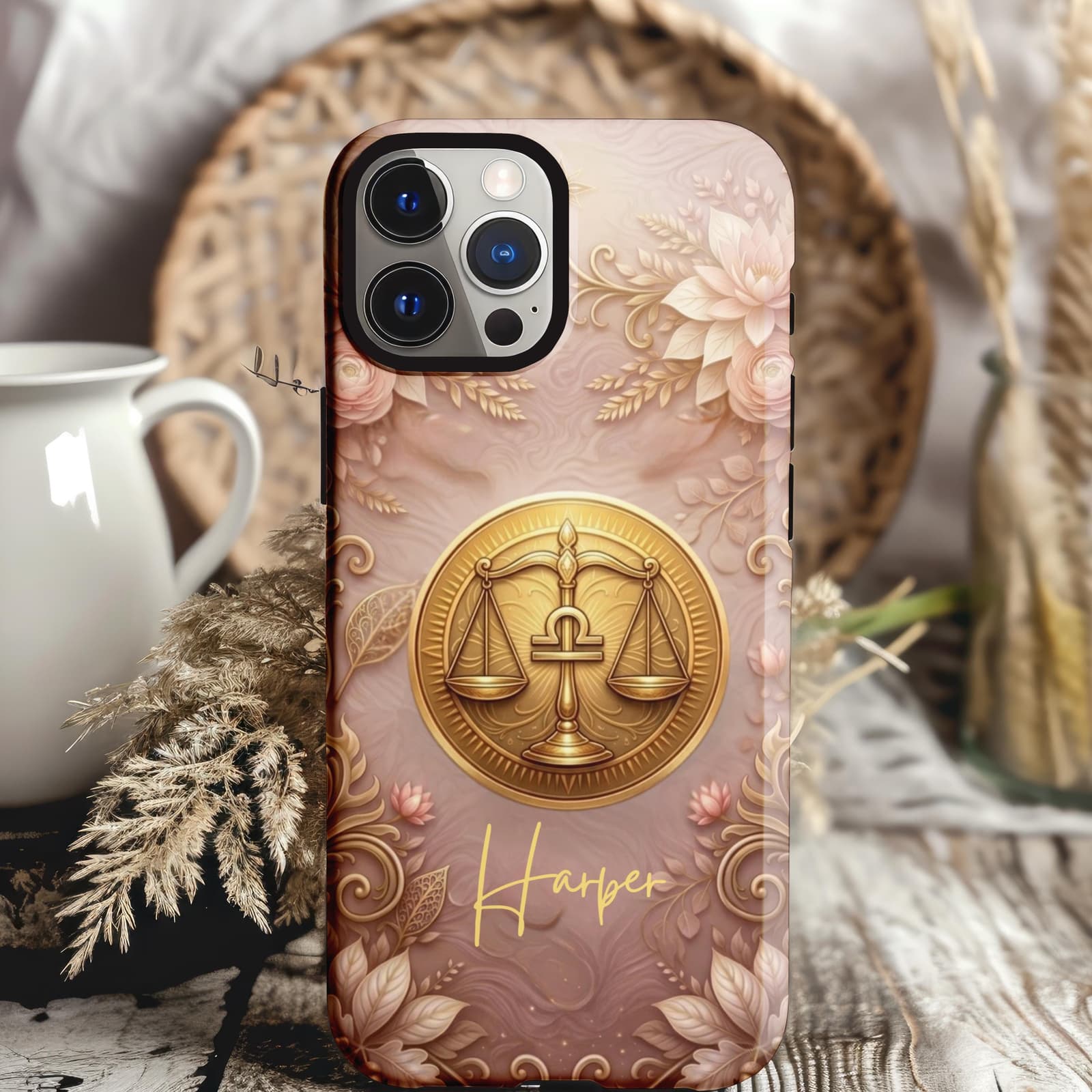 Libra zodiac iPhone case with custom name, neutral aesthetic phone case astrology gift for her feminine design