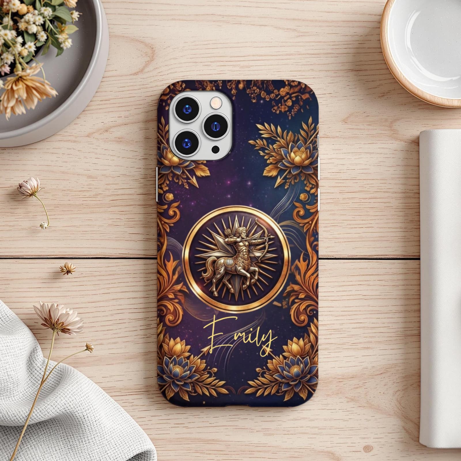Sagittarius zodiac iPhone case with custom name, dark blue celestial phone case astrology gift for her unique design