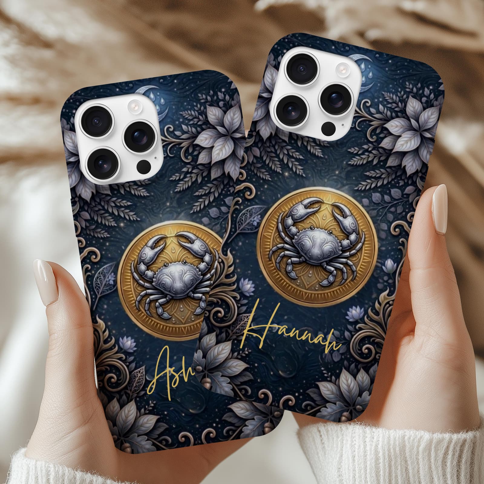 Matching Cancer zodiac phone cases with custom names, personalized astrology cases blue aesthetic gift idea