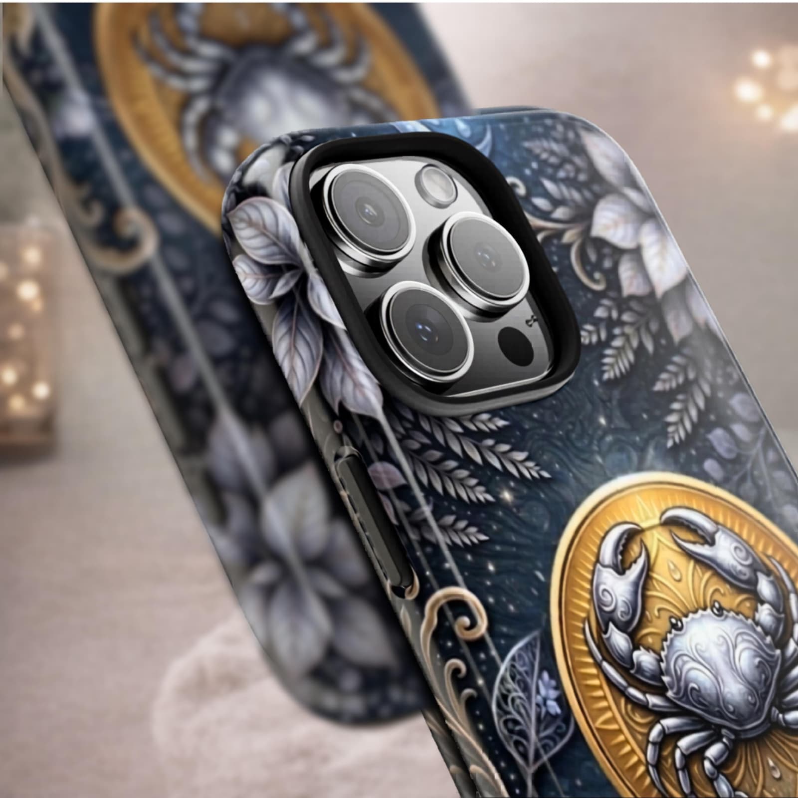Close up Cancer phone case showing camera protection, durable custom zodiac iPhone case glossy finish premium quality