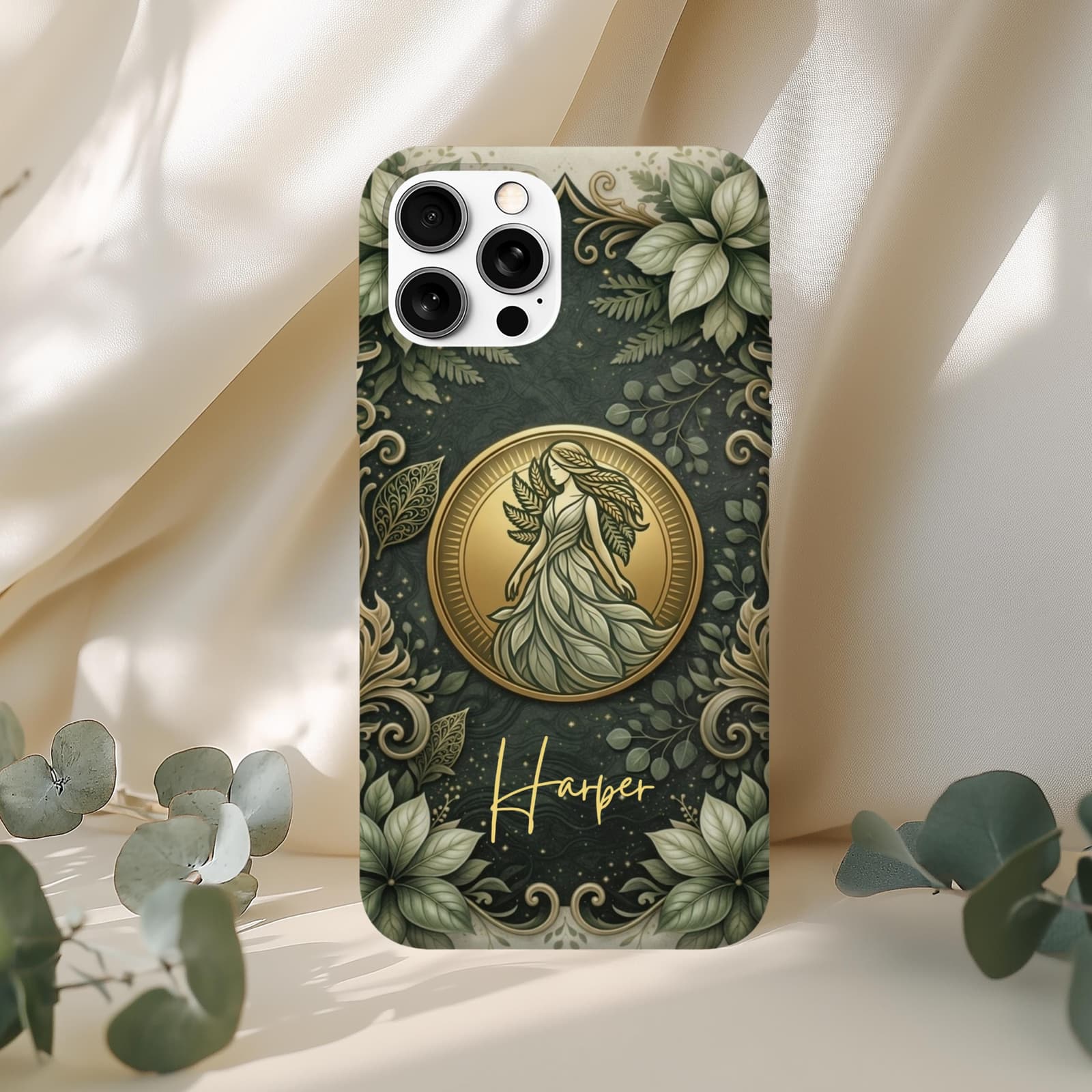 Personalized Virgo phone case with name Harper, elegant green and gold botanical design on soft neutral background