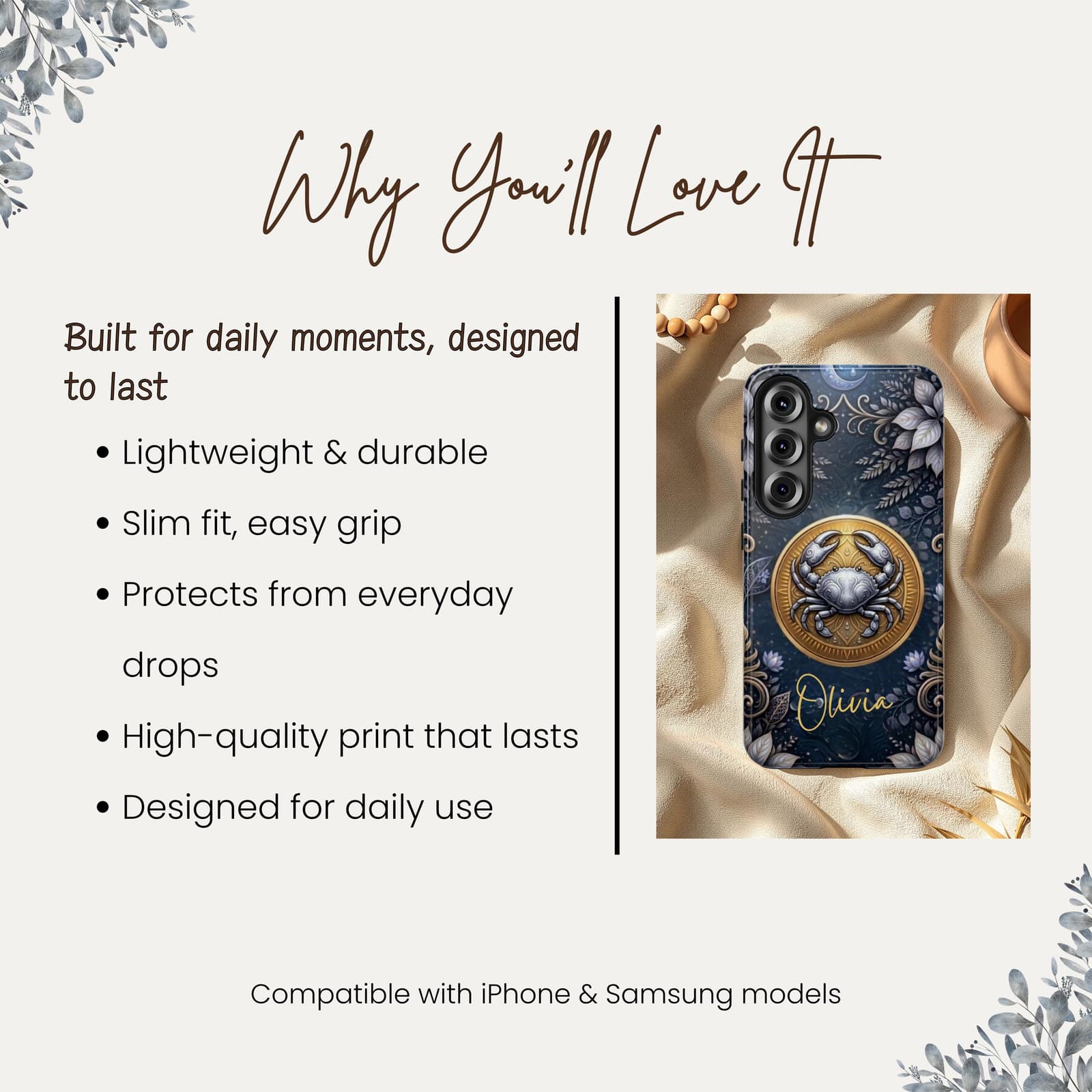 Cancer zodiac phone case features lightweight durable protection slim fit custom astrology case compatible with iPhone and Samsung