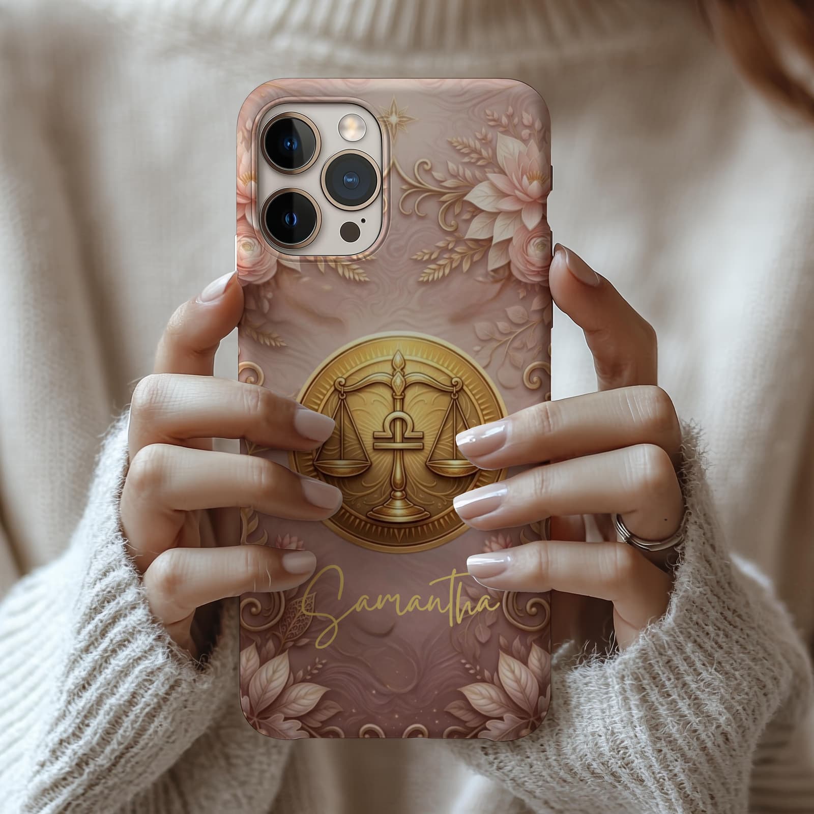 Libra zodiac phone case in hands, personalized name phone case, feminine astrology design aesthetic gift idea for women