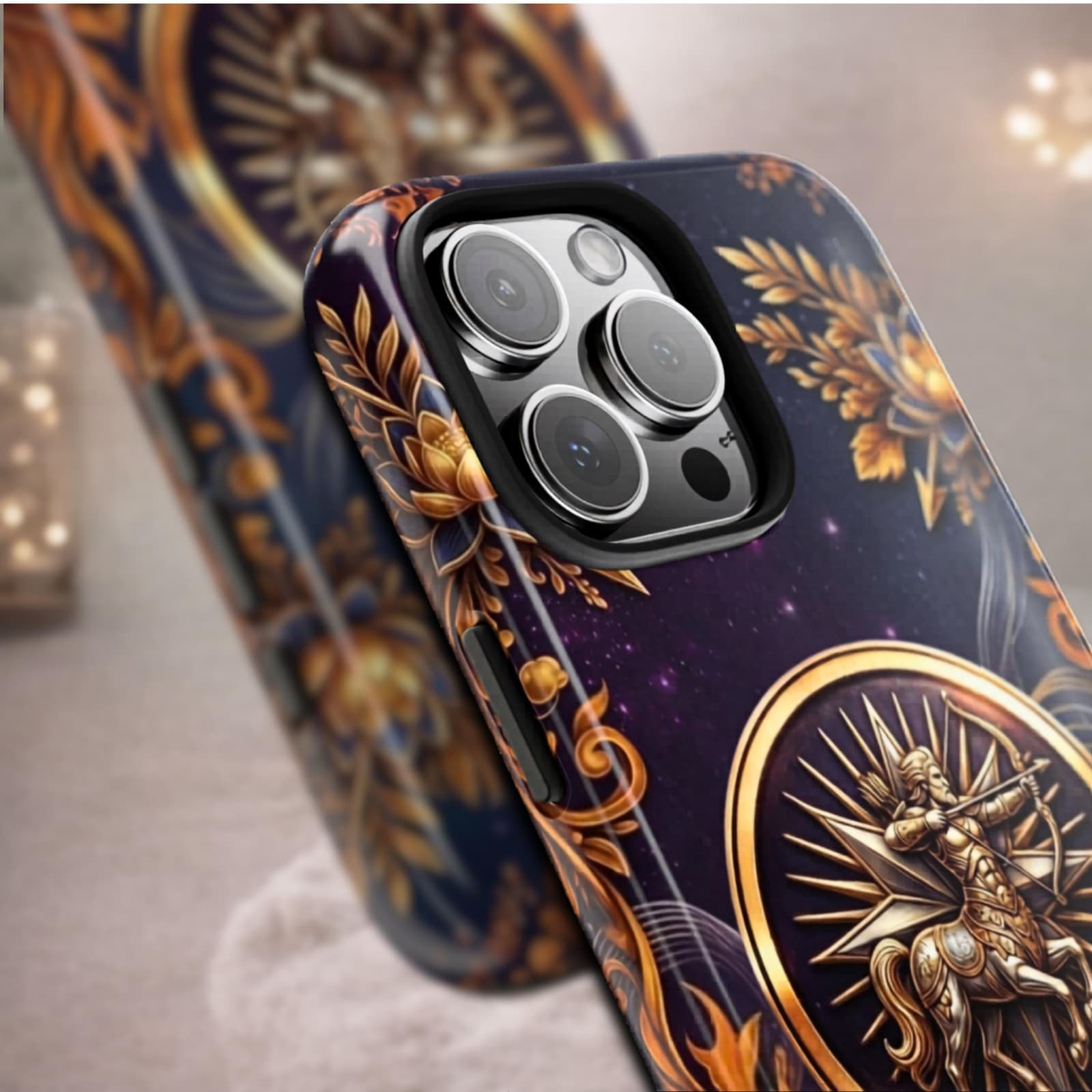 Close up Sagittarius phone case showing camera protection, durable custom zodiac iPhone case glossy finish premium design