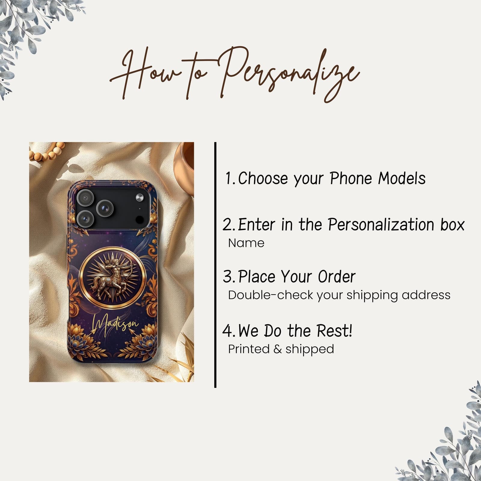 How to order personalized phone case, custom Sagittarius zodiac case instructions choose model and add name