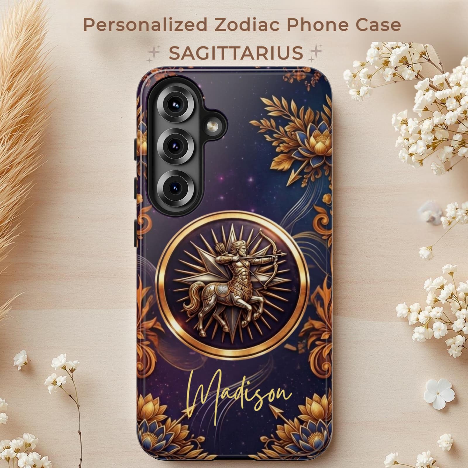 Personalized Sagittarius phone case with name, zodiac archer design, custom astrology iPhone case celestial gift for her