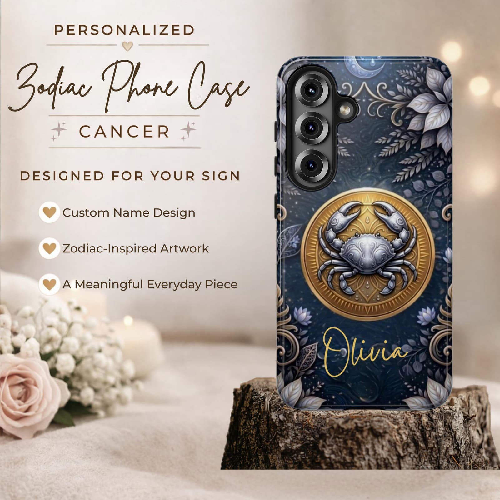 Personalized Cancer zodiac phone case, custom name astrology case blue celestial design meaningful everyday accessory