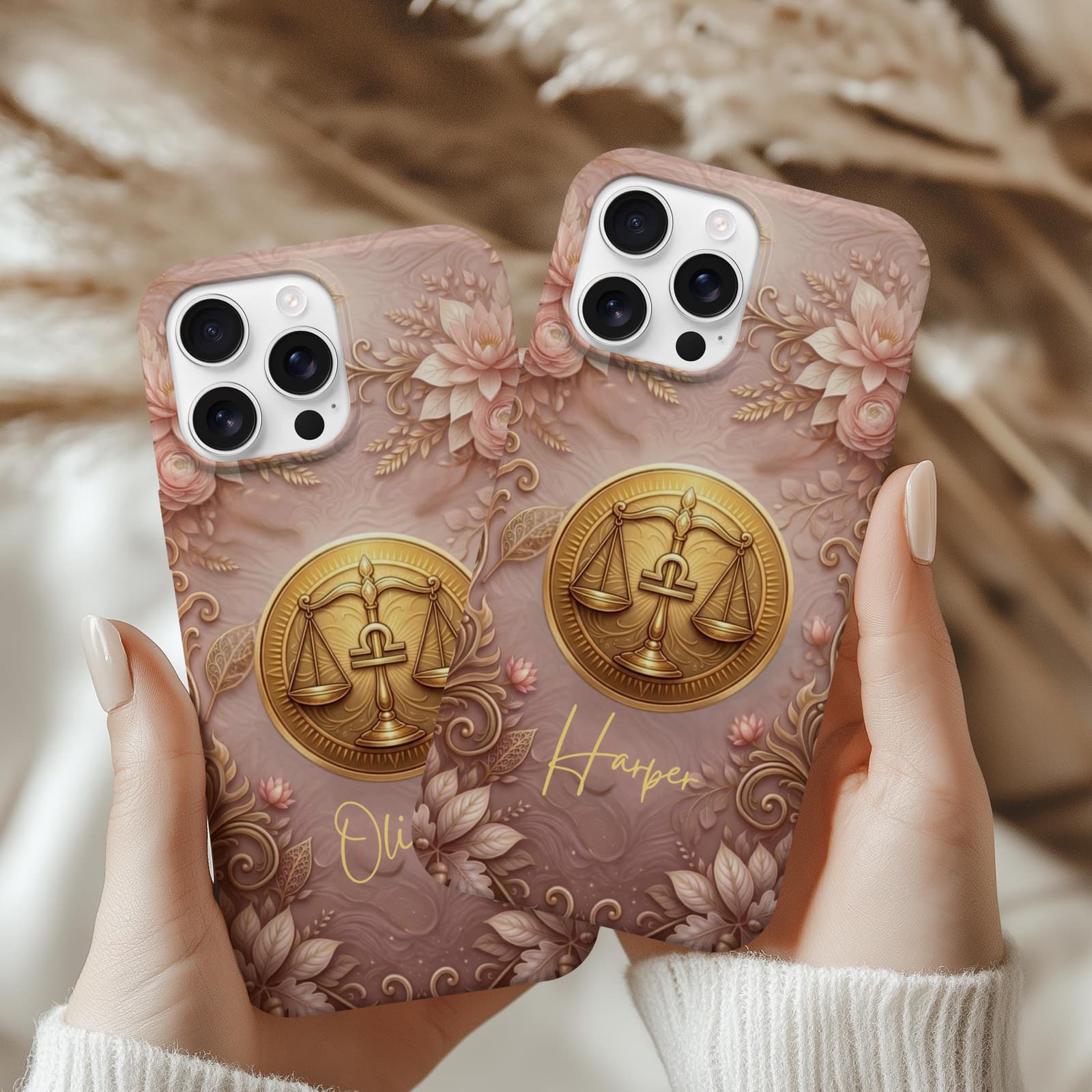 Matching Libra zodiac phone cases with custom names, personalized astrology cases for friends or couples gift idea