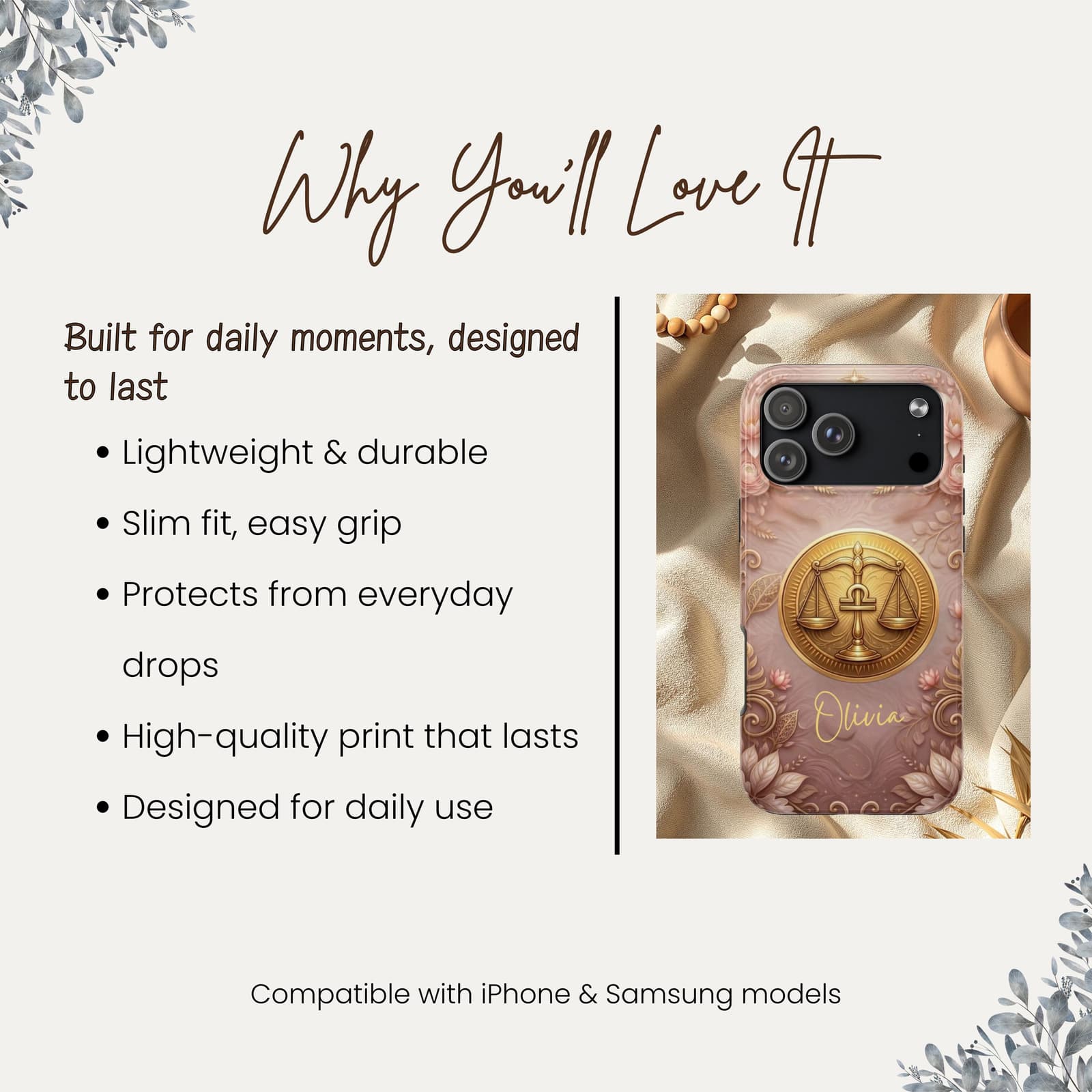 Features of Libra personalized phone case, lightweight durable slim fit protective zodiac iPhone case