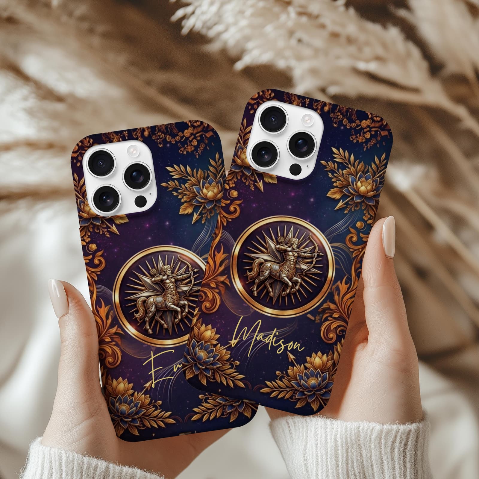 Matching Sagittarius zodiac phone cases with custom names, personalized astrology cases gift for friends or couples
