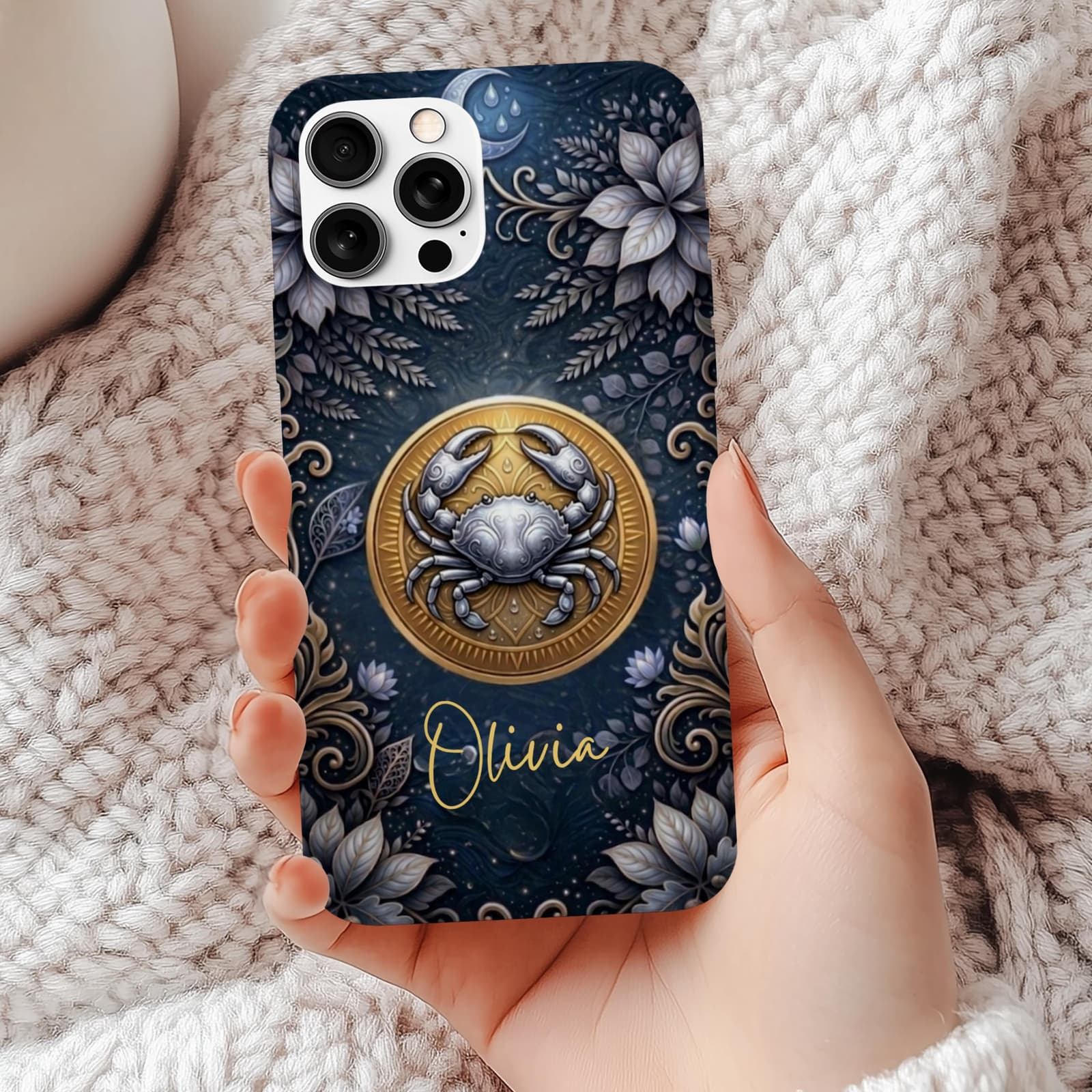 Cancer zodiac phone case in hand, personalized name iPhone case blue celestial design astrology gift cozy aesthetic