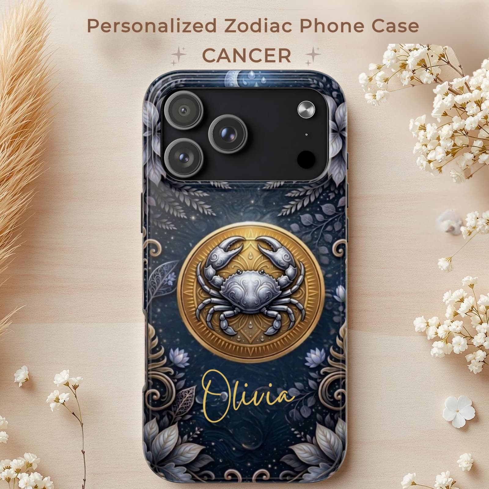 Personalized Cancer phone case with name, zodiac crab design custom astrology iPhone case blue celestial aesthetic gift