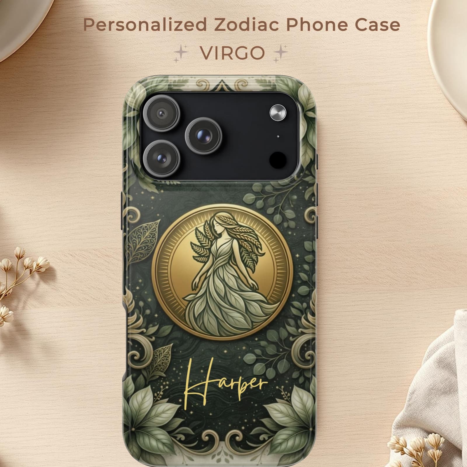 Personalized Virgo phone case with custom name Harper, green botanical design with gold zodiac medallion, aesthetic astrology phone case