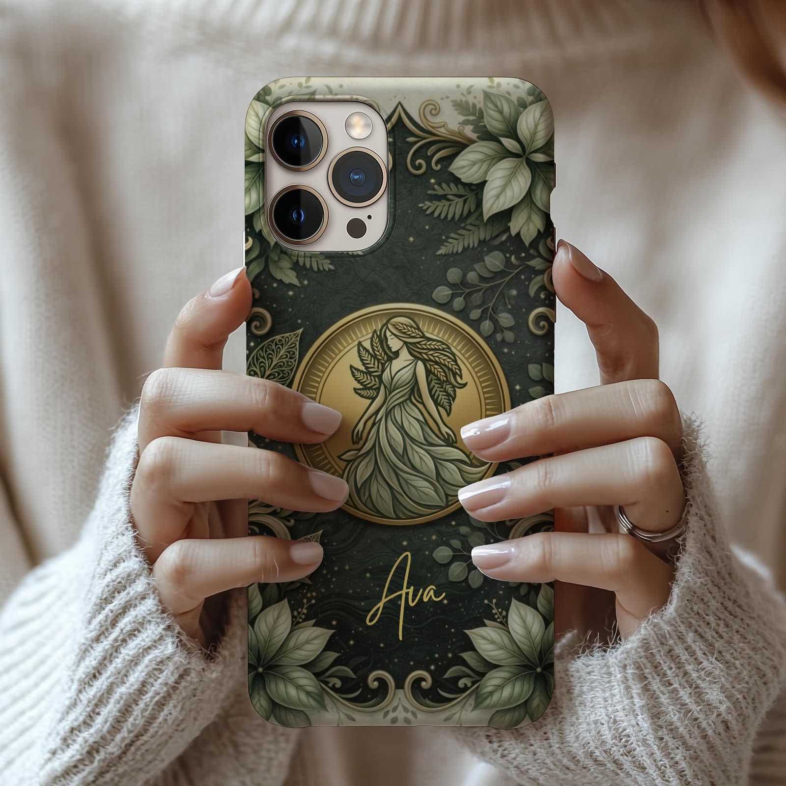 Woman holding personalized Virgo phone case with name Ava, green floral zodiac design, aesthetic astrology phone cover in real use