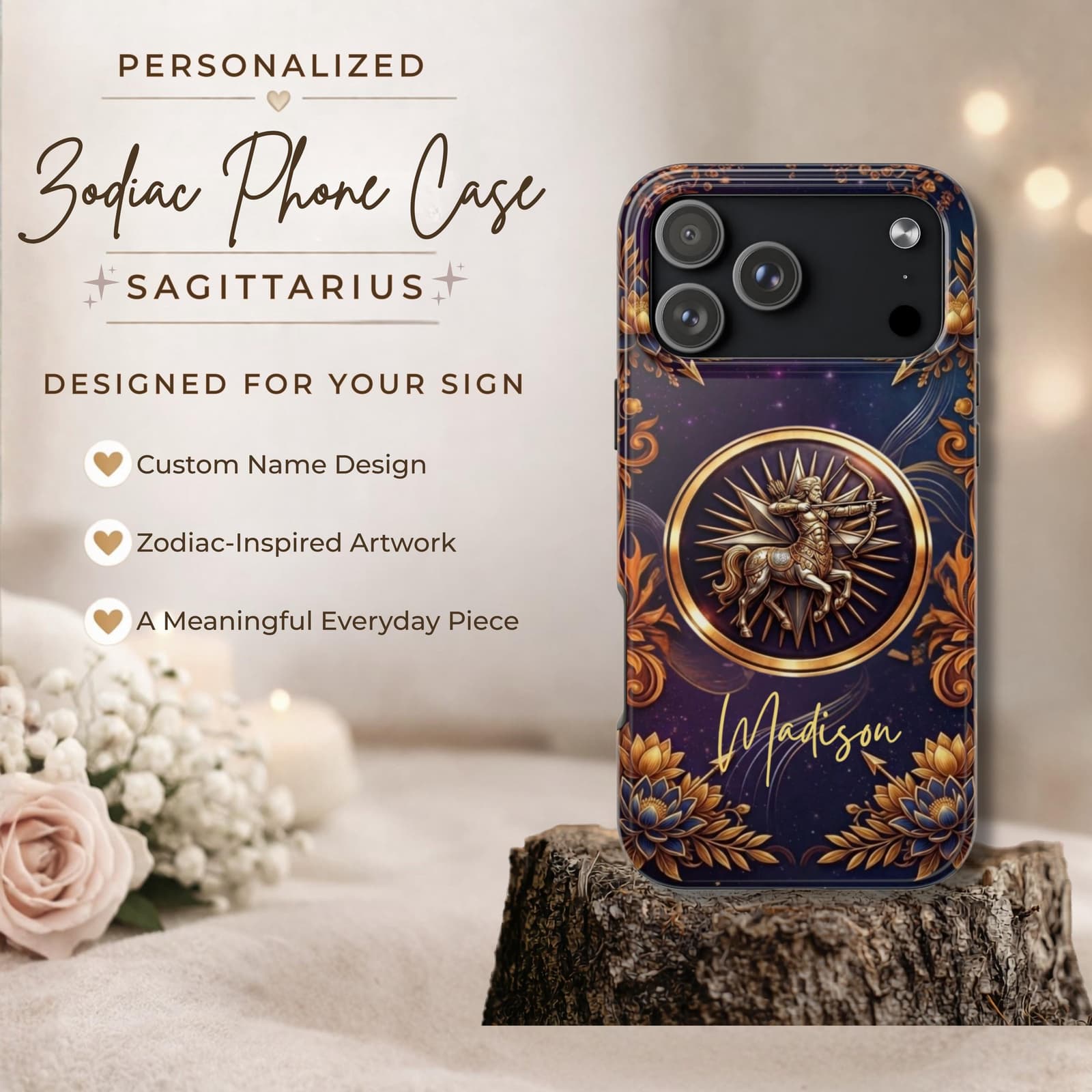 Personalized Sagittarius zodiac phone case, custom name phone case celestial astrology design meaningful everyday accessory