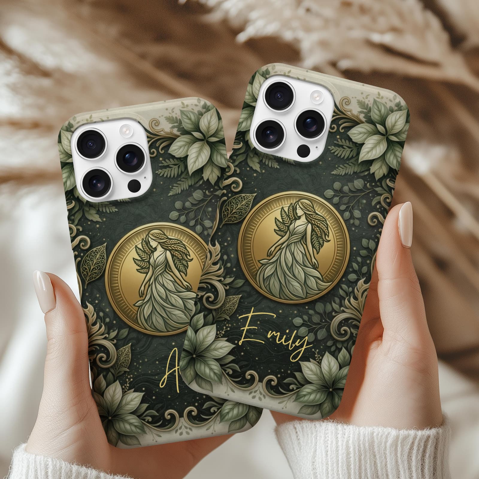 Two personalized Virgo phone cases with custom names Amy and Emily, matching aesthetic zodiac design with green botanical pattern