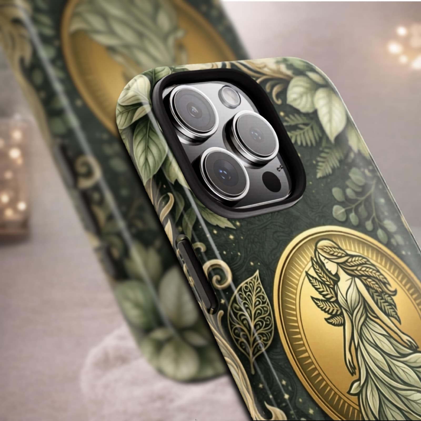 Close up of Virgo zodiac phone case showing camera protection, detailed botanical artwork and gold medallion design