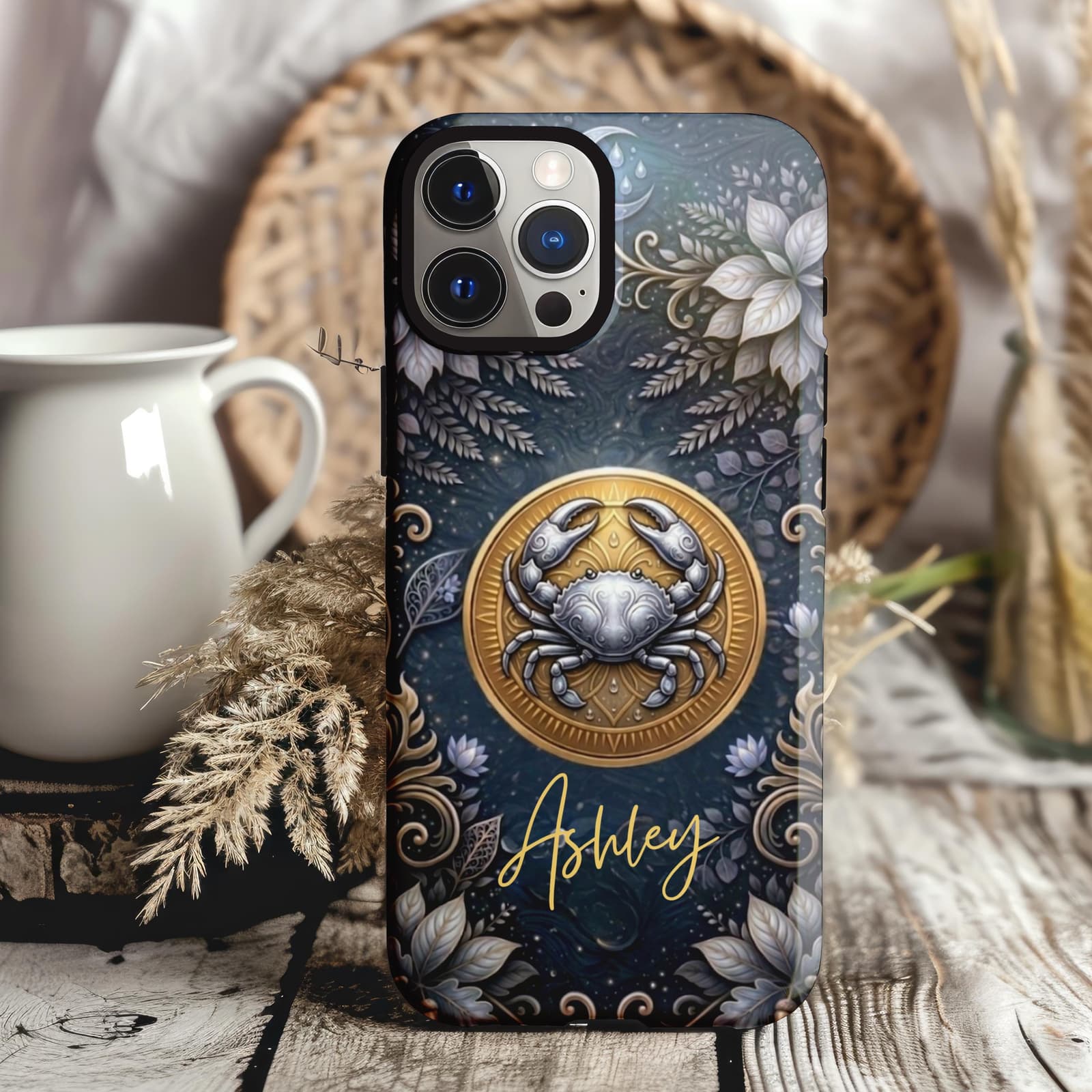 Cancer zodiac iPhone case with custom name, blue celestial astrology phone case unique gift for her