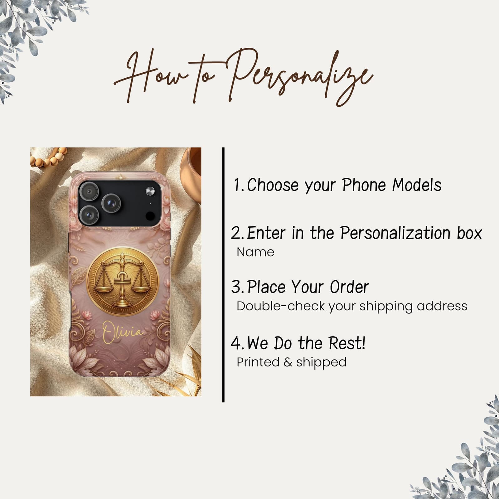 How to order personalized phone case, custom Libra zodiac case instructions choose model and add name