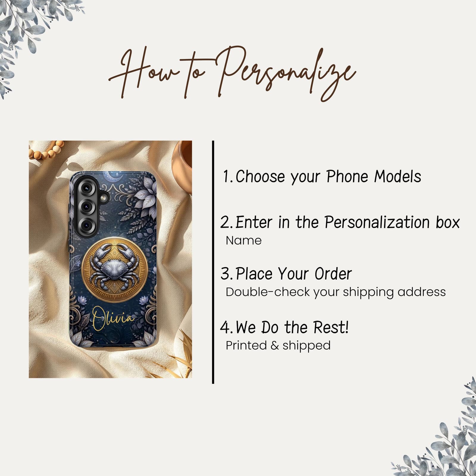How to order personalized phone case, custom Cancer zodiac case instructions choose model and add name