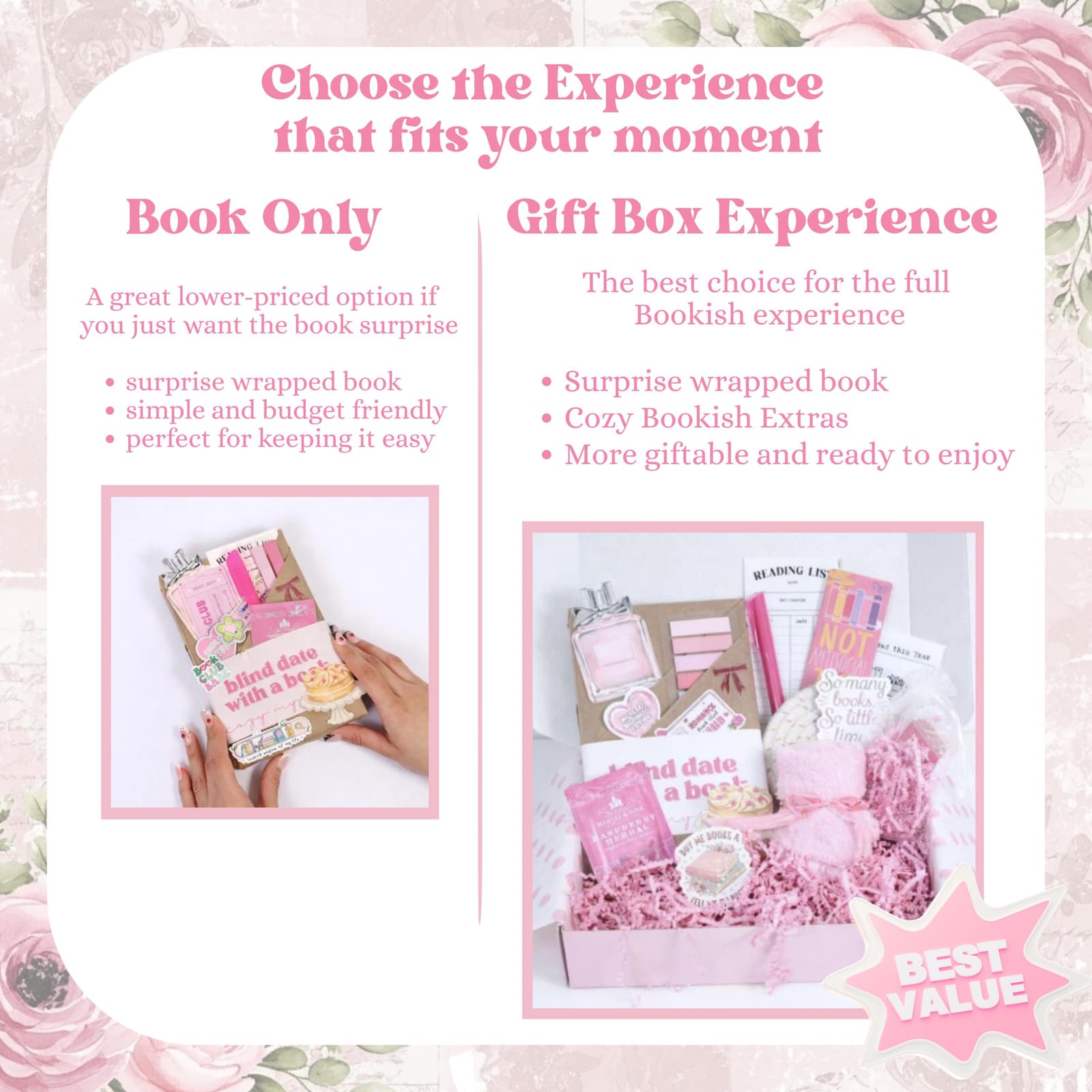 gift box and a book package are displayed. The gift box includes a book, a bookmark, and other items. The book package includes a wrapped book and decorations. Text on the image reads "Blind Date with a Book."
