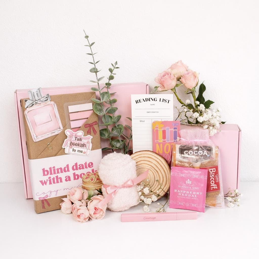 Blind date with a book box styled as a luxury book gift box and book mystery box for women, featuring wrapped mystery book, book bundle details, blind book box aesthetic, bookish bundles, and book accessories for book lover gifts, perfect gift box for women and date night with a book experience.
