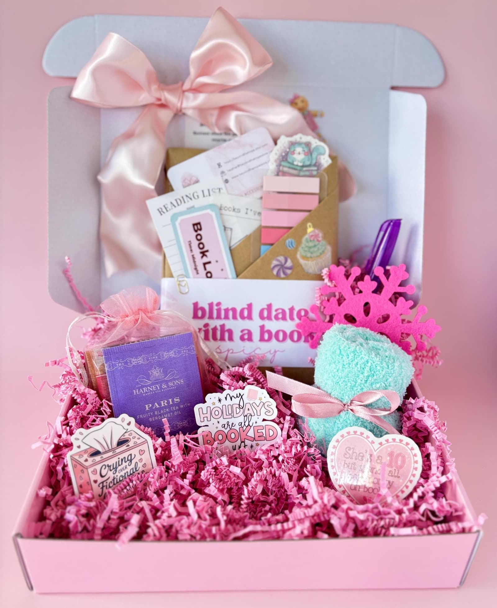 Date night with a book themed blind date with a book bundle styled as luxury book gift box, mystery box for women aesthetic, book bundle layout, bookish bundles and book accessories book lover details, perfect book gifts and book lover gift box experience.
