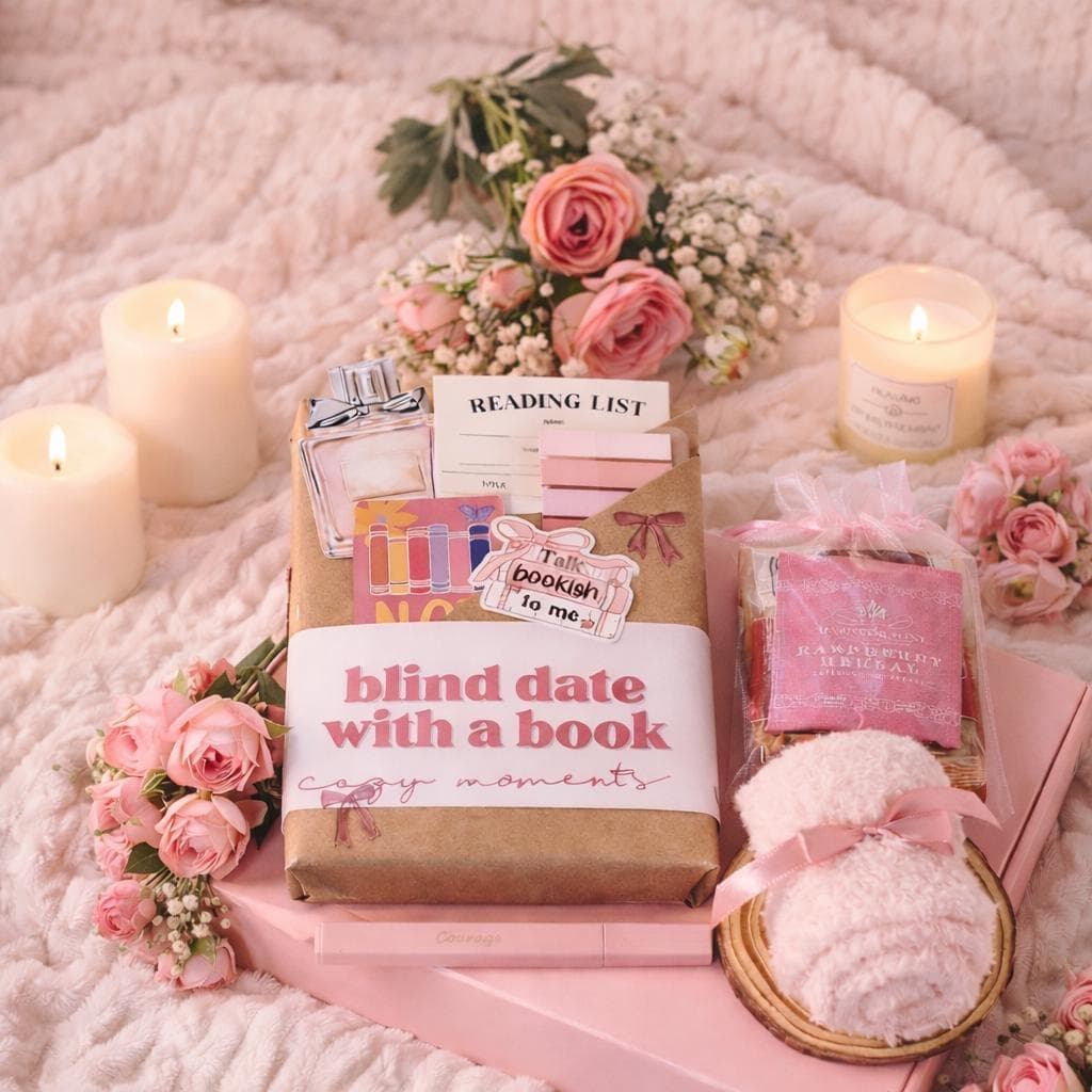 Blind date with a book box styled as a luxury book gift box and high demand book mystery box for women, featuring wrapped mystery book, curated book bundle presentation, blind book box aesthetic, and date night with a book vibe, perfect book lover gift box and thoughtful book gift for readers.