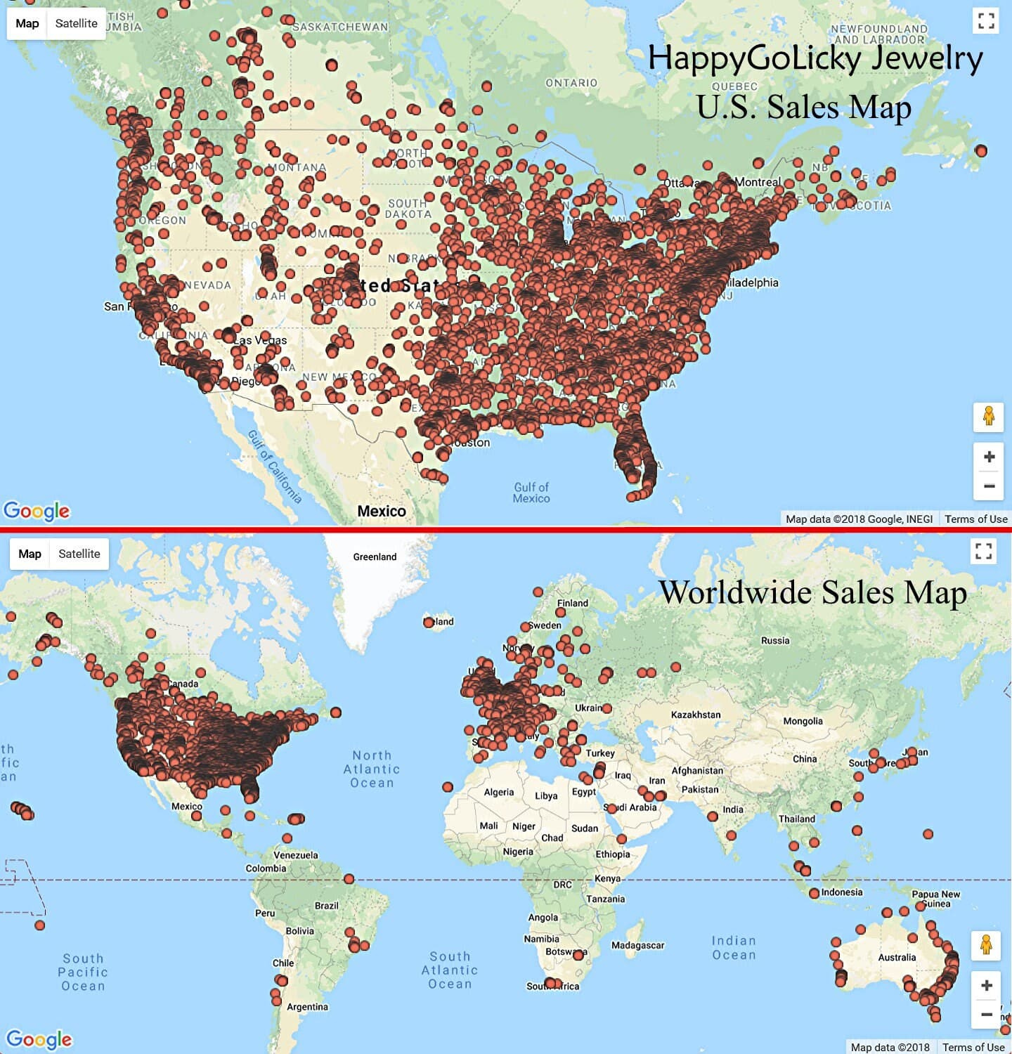 HappyGoLicky jewelry world sales map,
