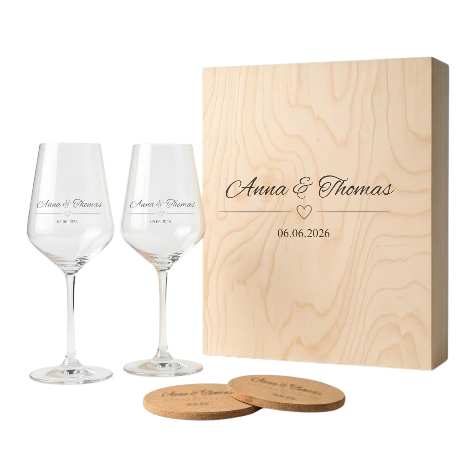 Set de copas de vino grabadas de MeineGlanzstuecke con caja de madera