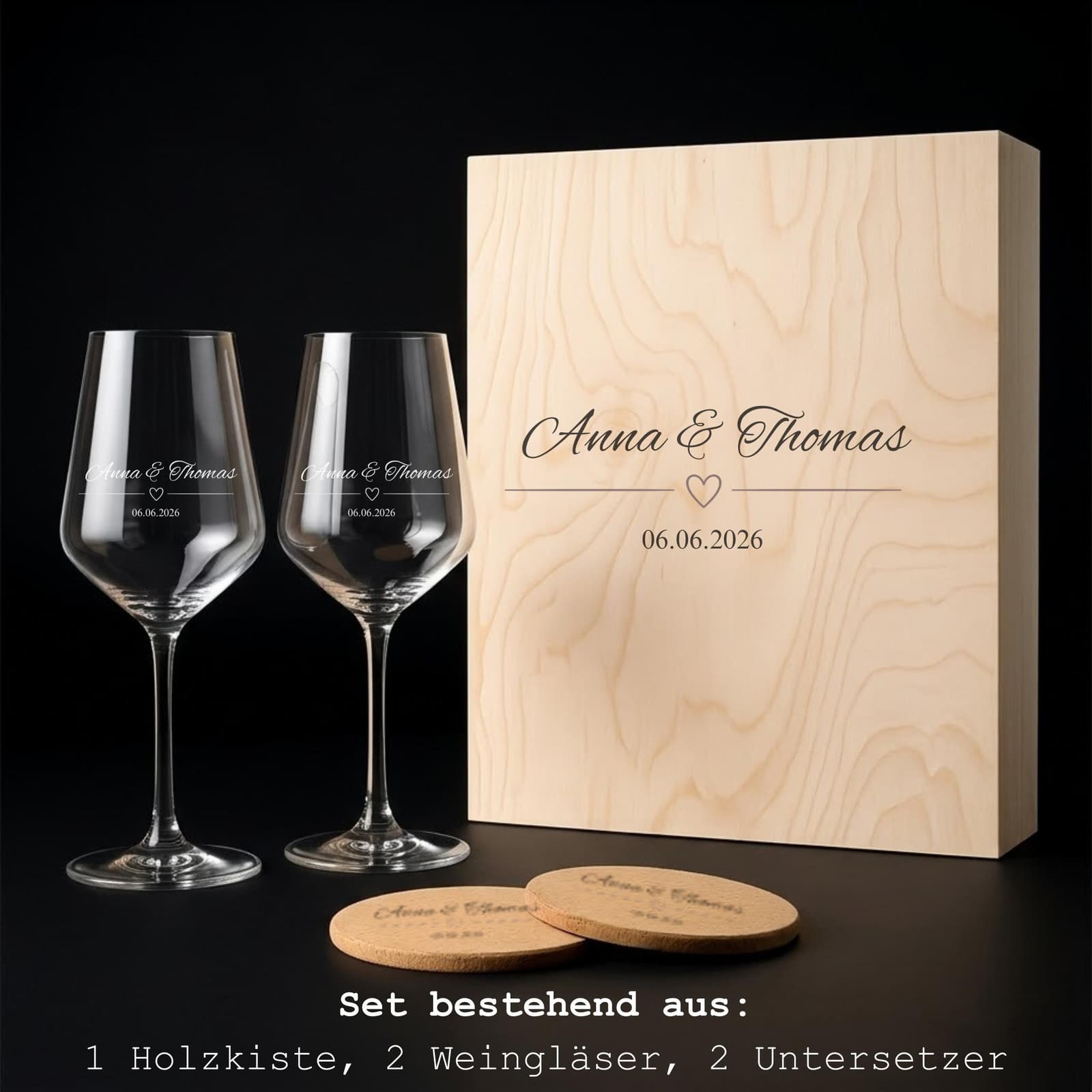 Contenido completo del set, caja, copas y posavasos de corcho
