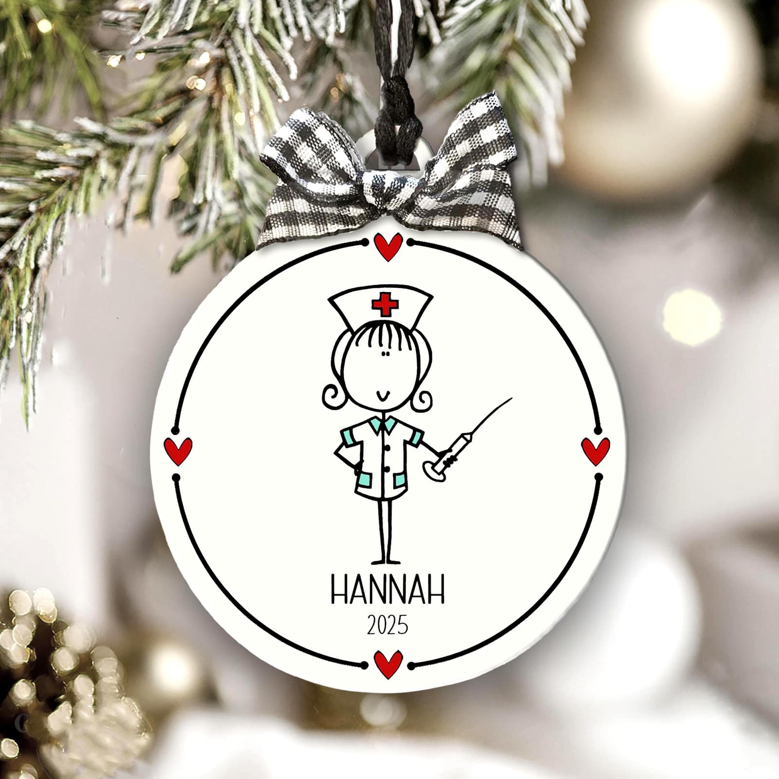 Custom Nursing ornament with whimsical drawing & name and date. White flat round 3" ornament with black lettering and red hearts, checked bow & string hanging cord. Whimsical design, personalized nurse thank you keepsake gift!