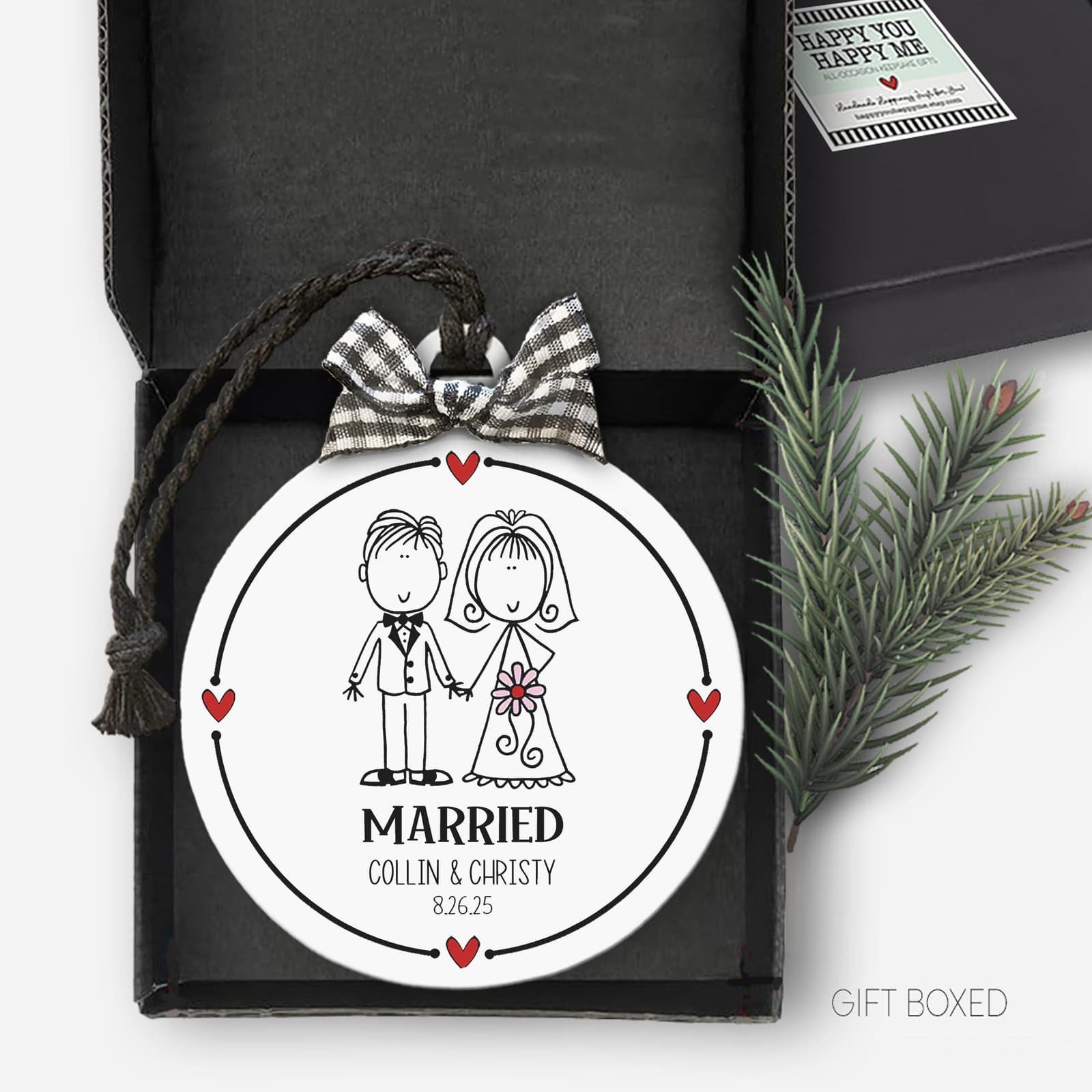 Custom Nursing ornament with whimsical drawing & name and date. White flat round 3" ornament with black lettering and red hearts, checked bow & string hanging cord. Whimsical design, personalized nurse thank you keepsake gift!