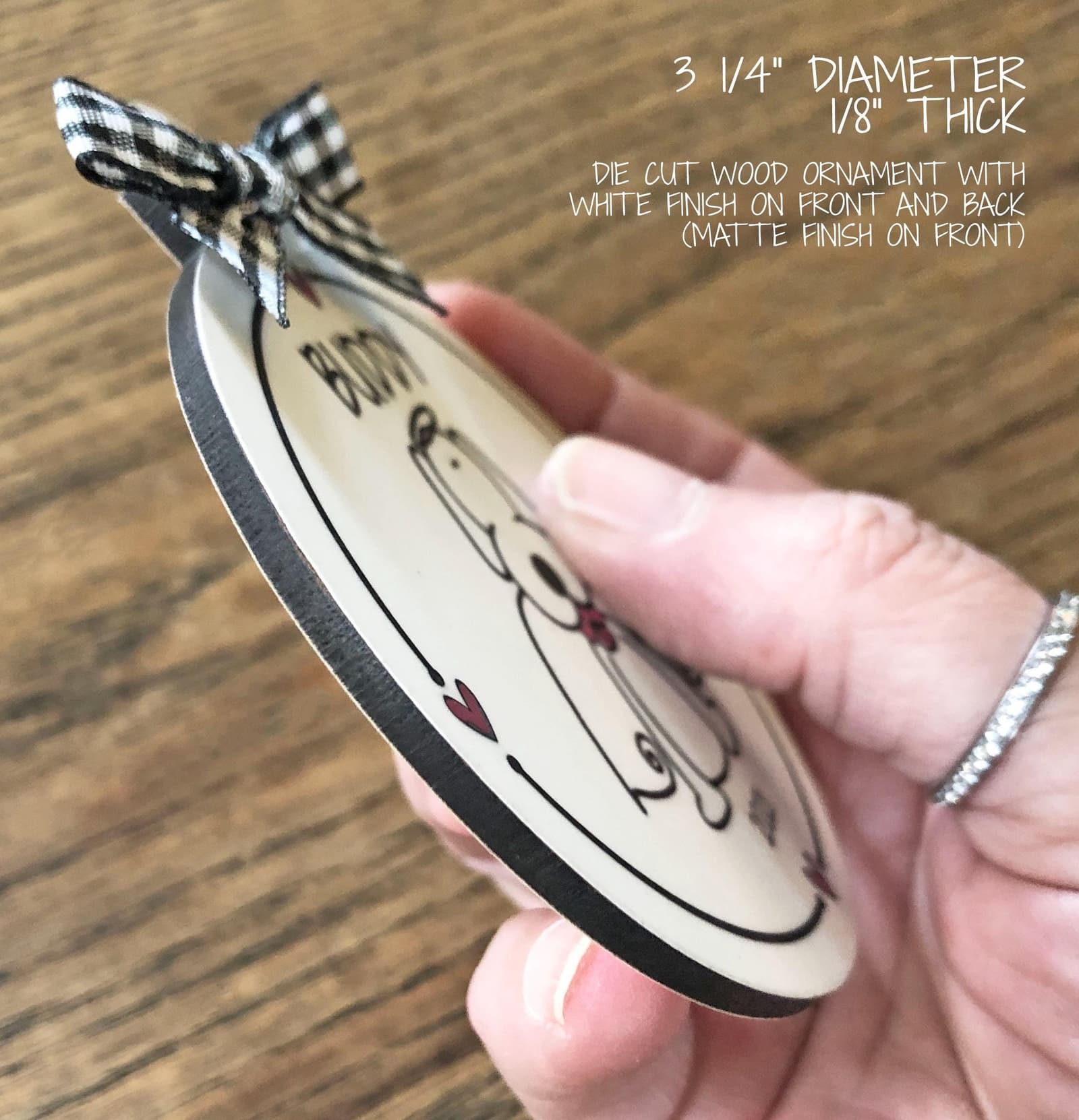 Custom Nursing ornament with whimsical drawing & name and date. White flat round 3" ornament with black lettering and red hearts, checked bow & string hanging cord. Whimsical design, personalized nurse thank you keepsake gift!