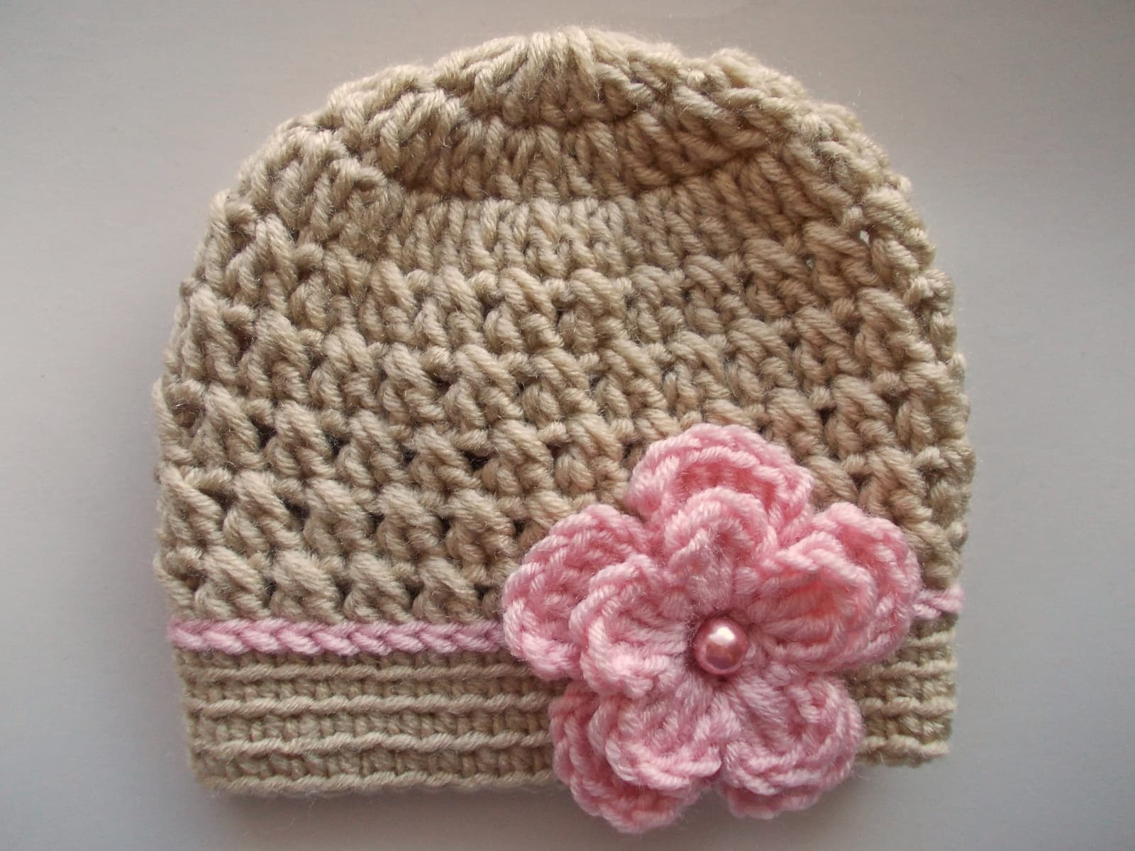 Gorro de ganchillo gris con flor rosa para bebé, foto 7