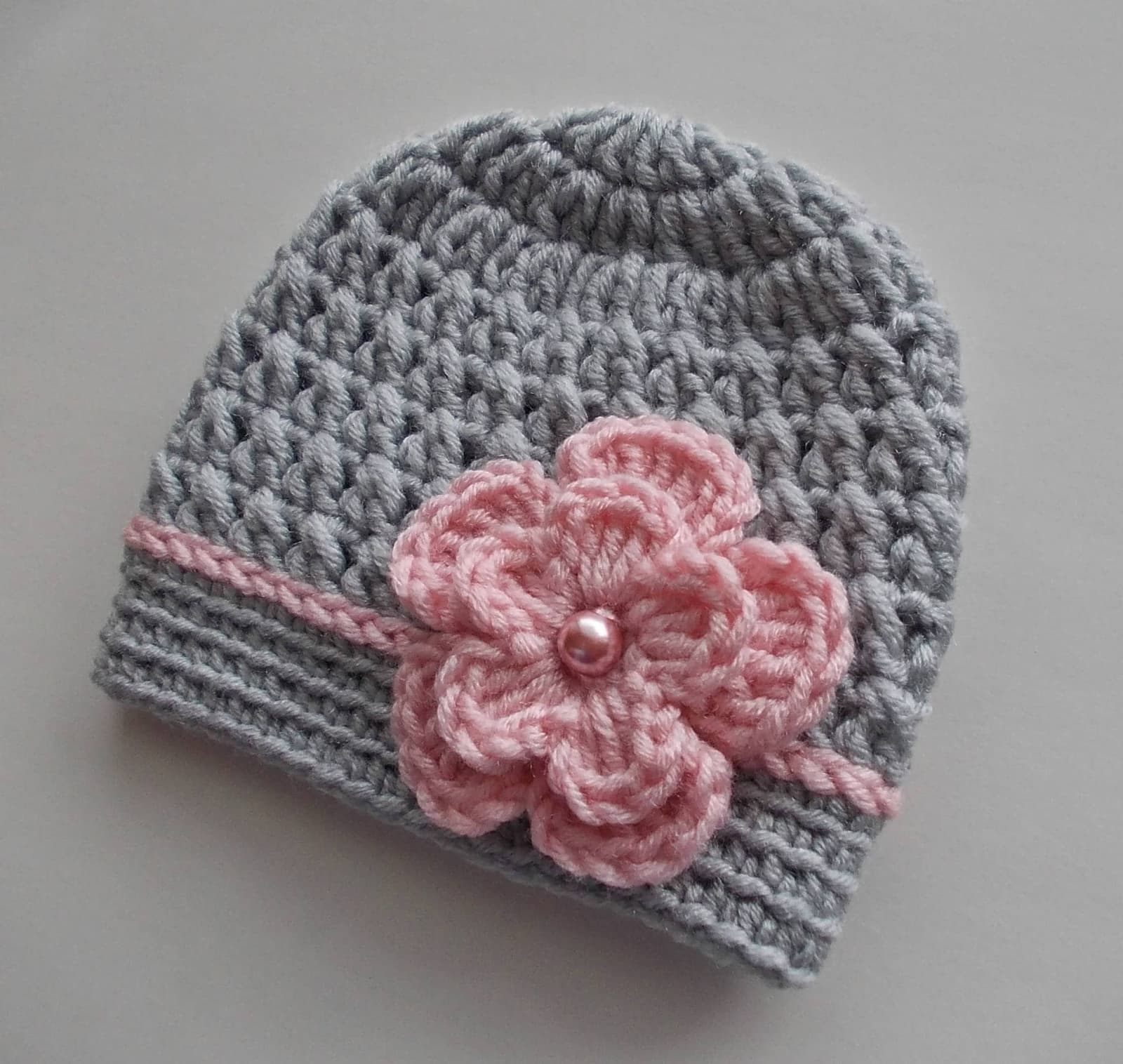 Gorro de ganchillo gris con flor rosa para bebé, foto 10