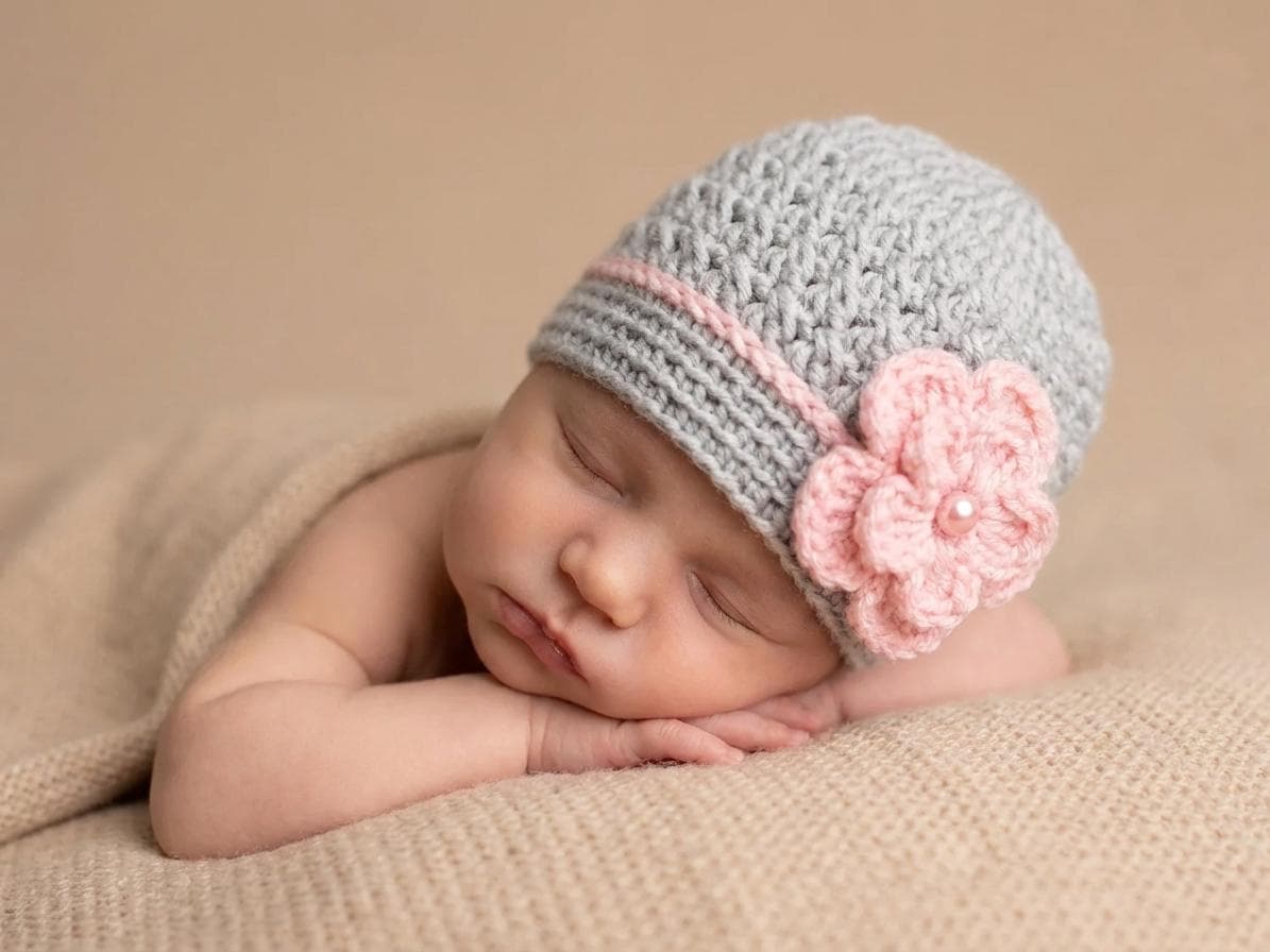 Gorro de ganchillo gris con flor rosa para bebé, foto 3
