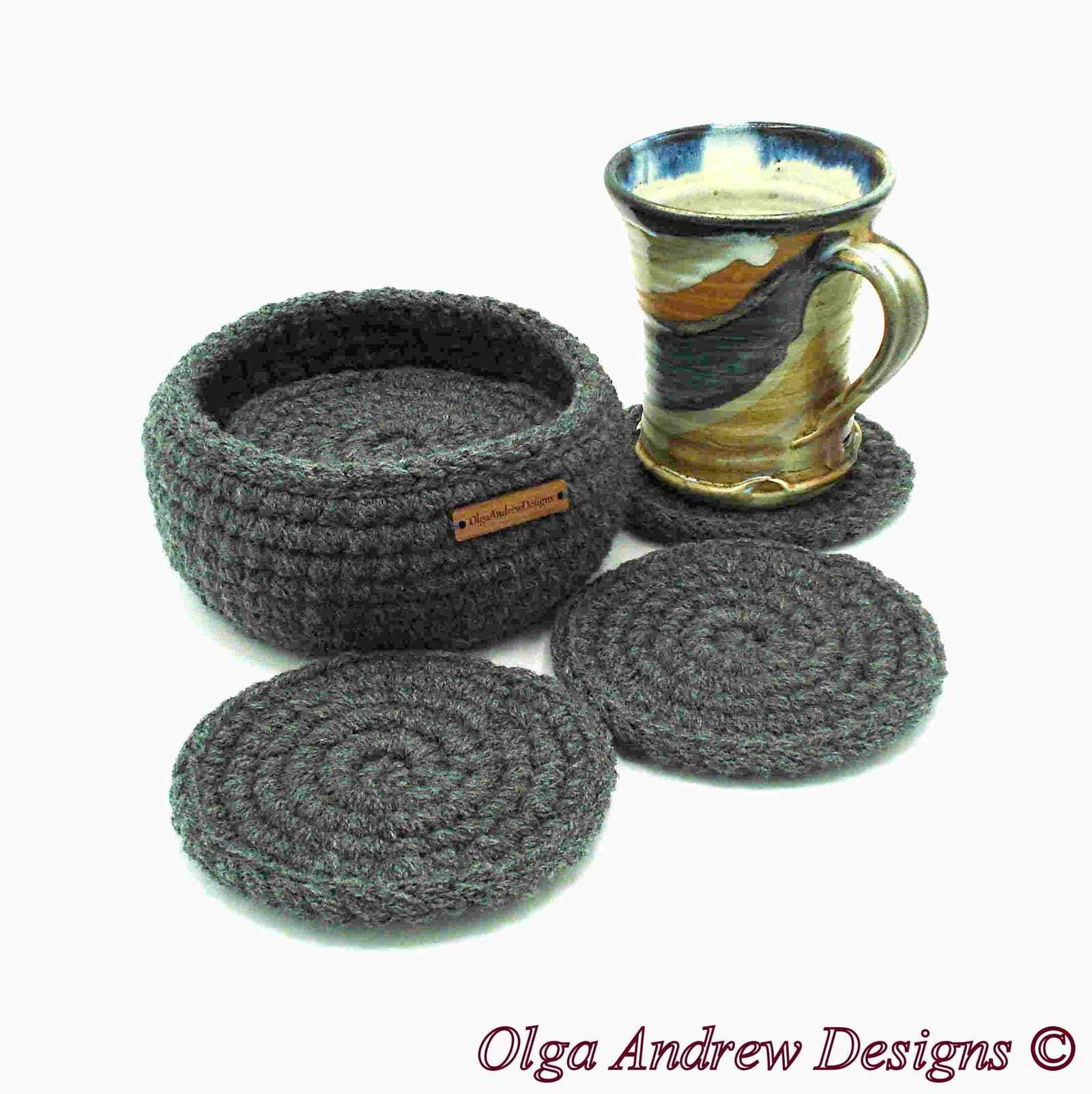 Crochet coaster set of 4, 6, 8, 10 with holder, coaster set for home or office, coasters with holder, coffee coasters, coaster set with holder, drink coasters, men coasters, tea coasters, soft coasters, table coasters, OlgaAndrewBoutique