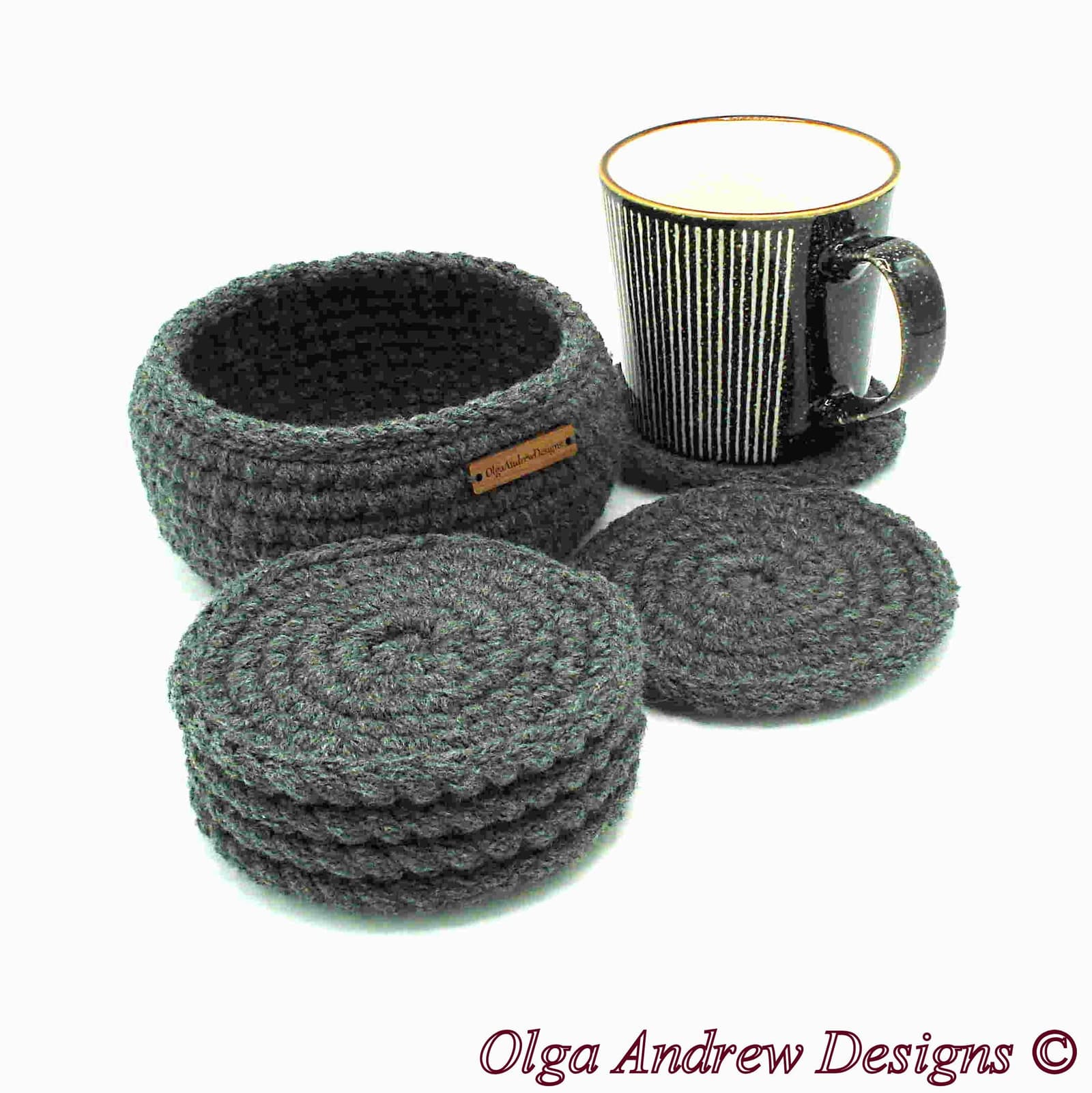 Crochet coaster set of 4, 6, 8, 10 with holder, coaster set for home or office, coasters with holder, coffee coasters, coaster set with holder, drink coasters, men coasters, tea coasters, soft coasters, table coasters, OlgaAndrewBoutique