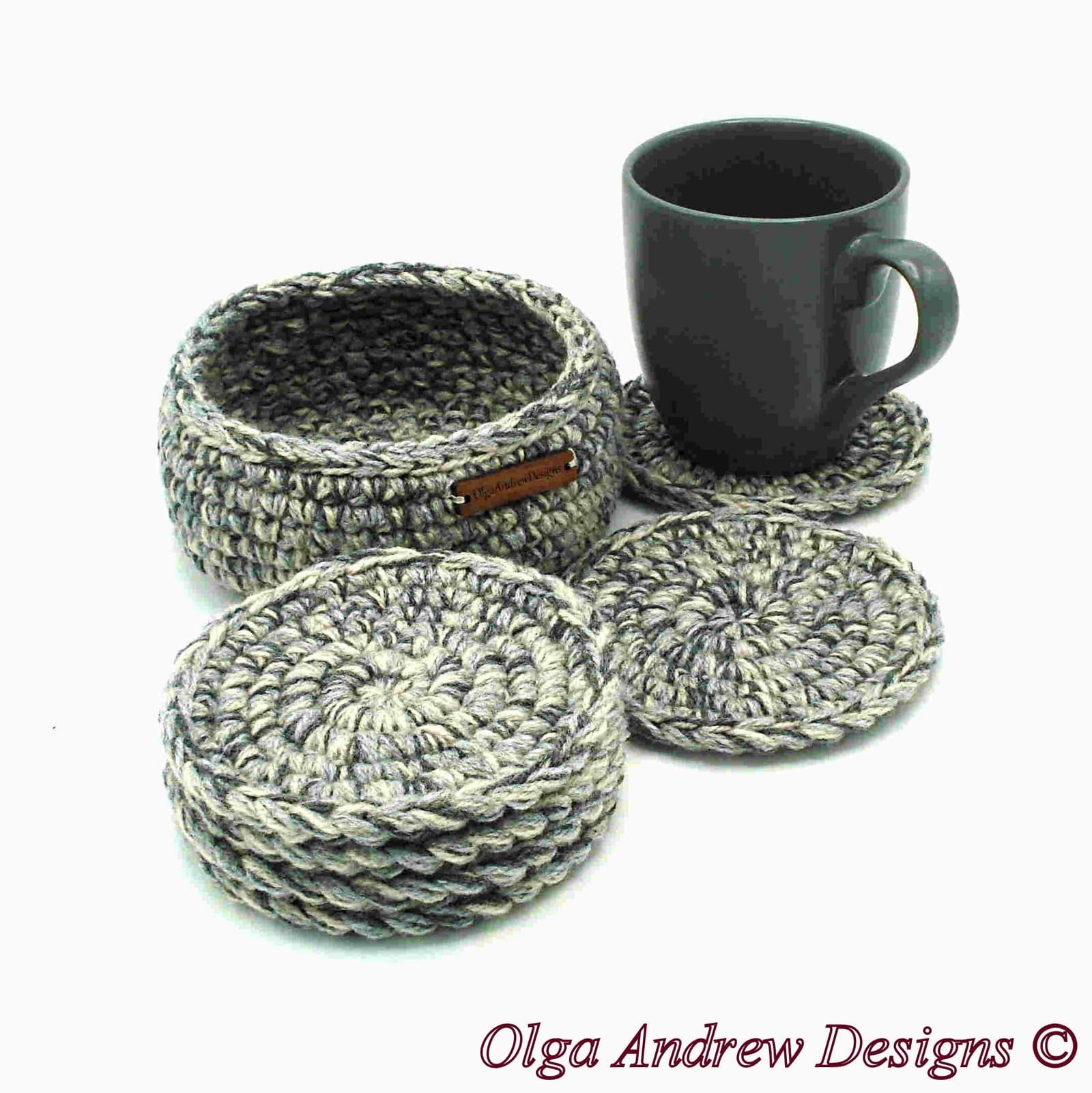 Crochet coaster set of 4, 6, 8, 10 with holder, coaster set for home or office, coasters with holder, coffee coasters, coaster set with holder, drink coasters, men coasters, tea coasters, soft coasters, table coasters, OlgaAndrewBoutique