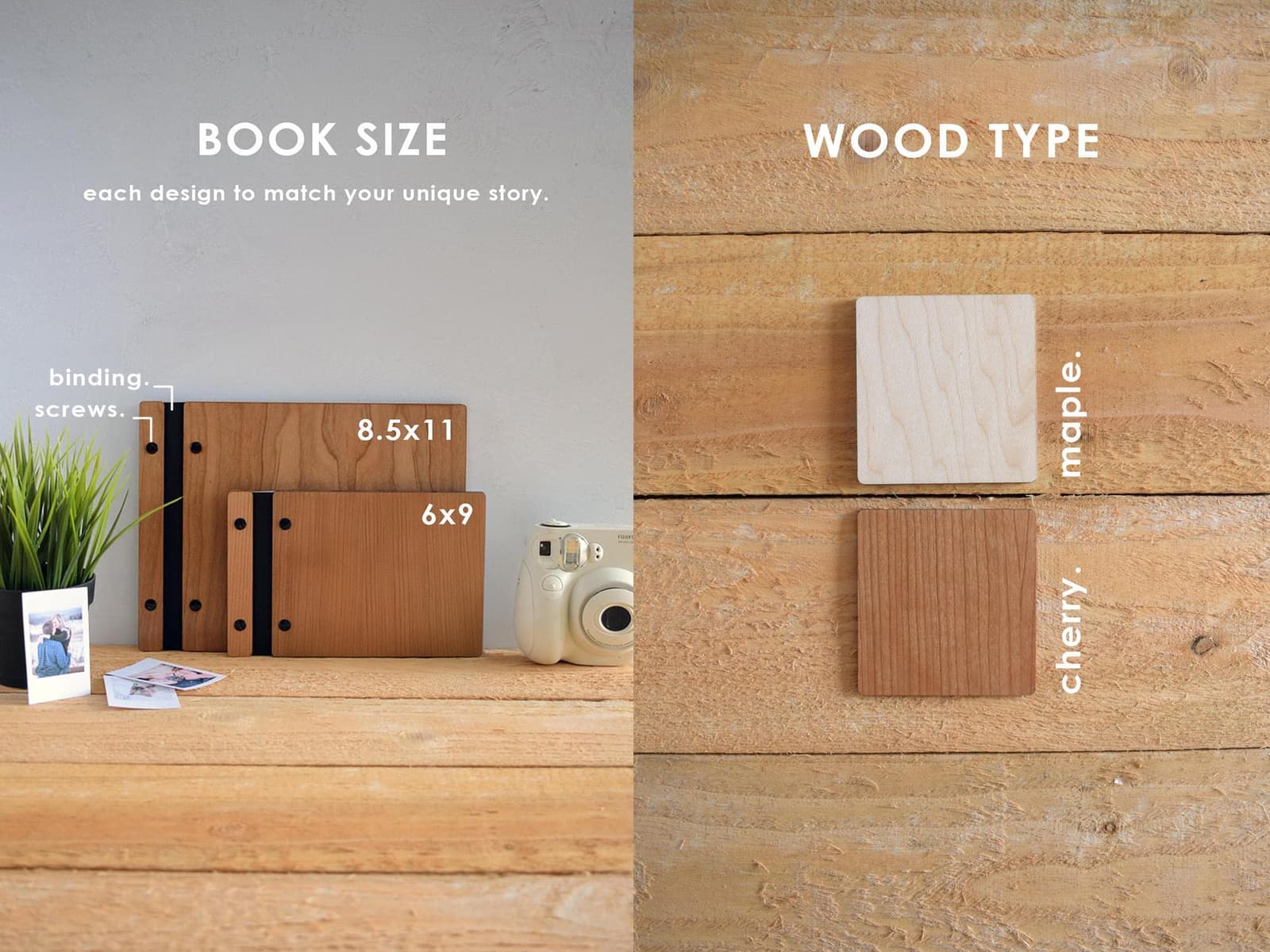 a variety of book sizes and wood types, with each item placed on a wooden surface. The book sizes are 8.5 x 11, 6 x 9, and 6 x 9.5, while the wood types are cherry and maple. The items are arranged in a visually appealing manner, with the book sizes and wood types placed next to each other.