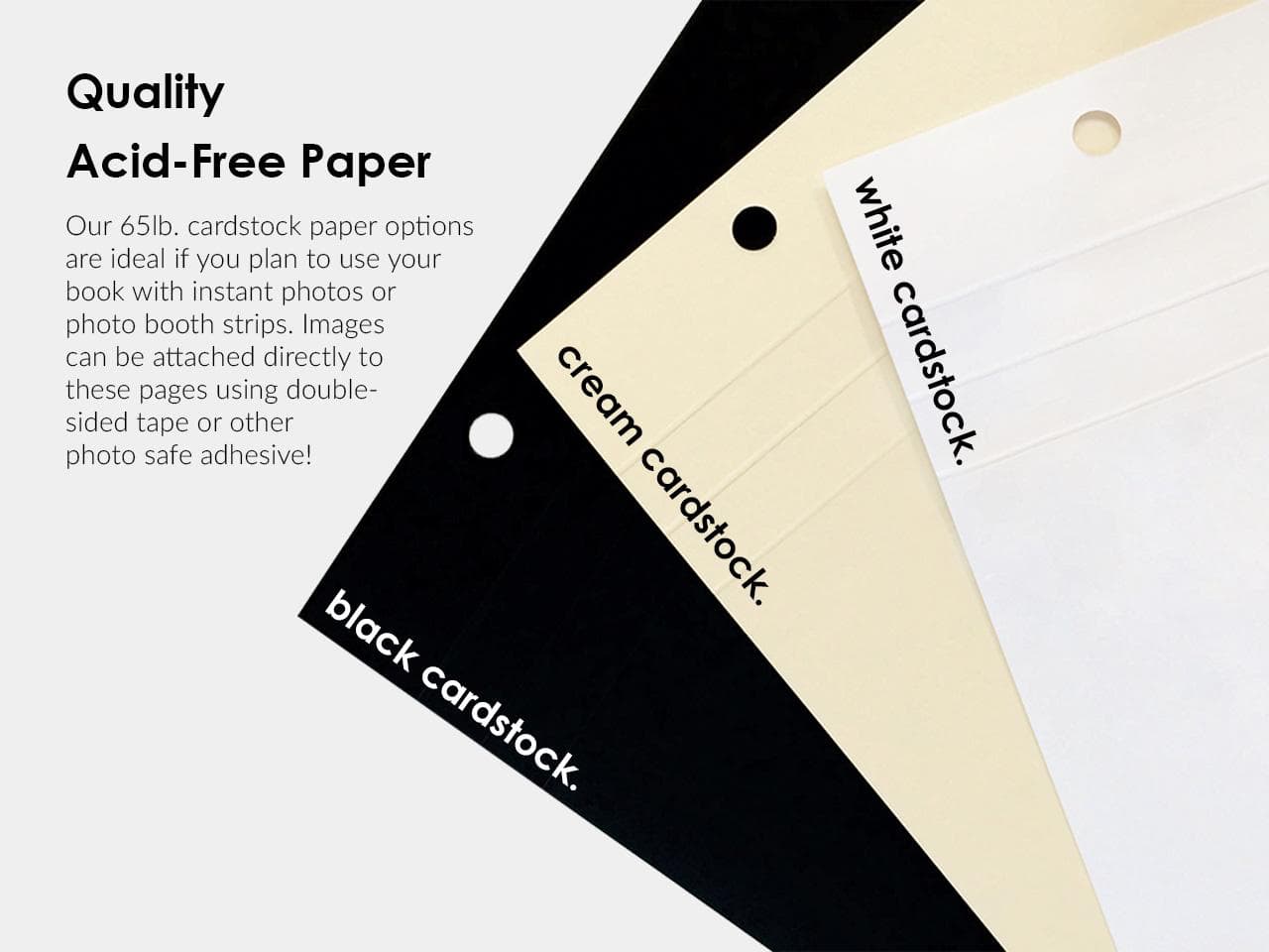 three different colored cardstock paper options, each with a hole in the center, and provides information about their quality and uses.