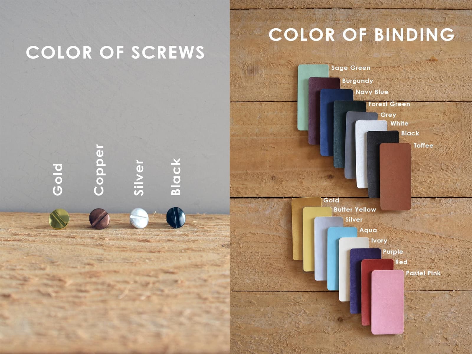 The image is a split view, with one side showing a close-up of a collection of colored screws and the other side displaying a color swatch of various binding colors.