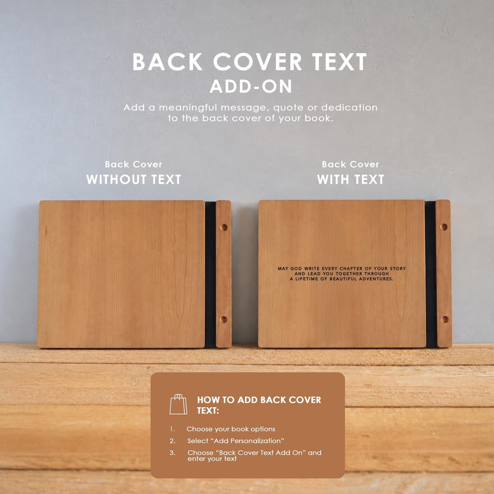 two wooden back cover books with text on them, placed on a wooden surface.