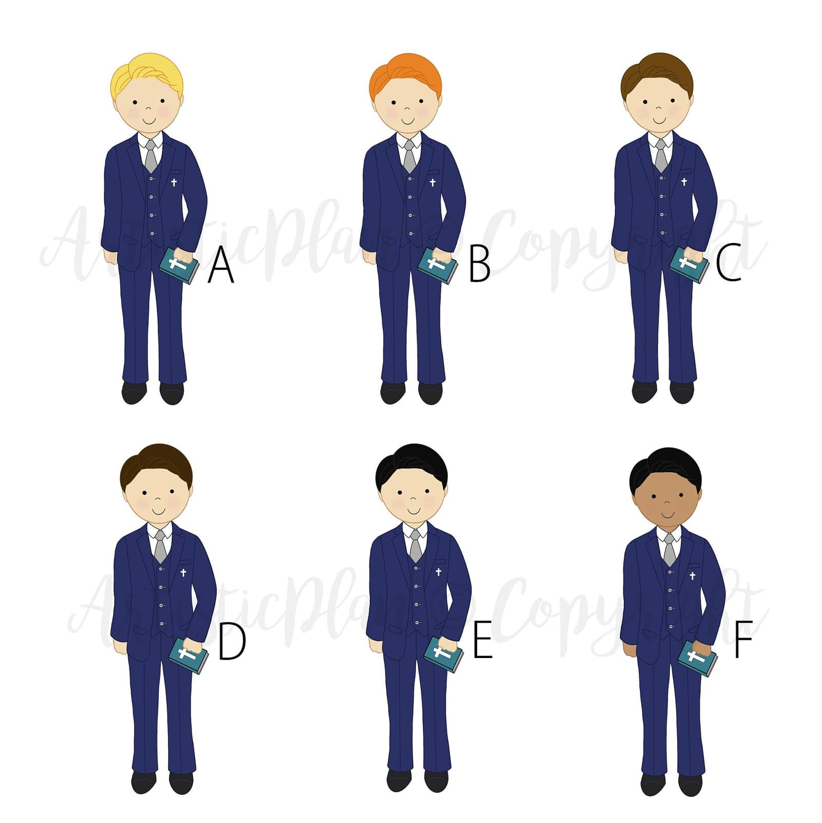A Blonde Boy, B Ginger hair Boy, C Light Brown Hair Boy, D Brown Hair Boy, E Black hair Boy,F Dark skin Black hair boy