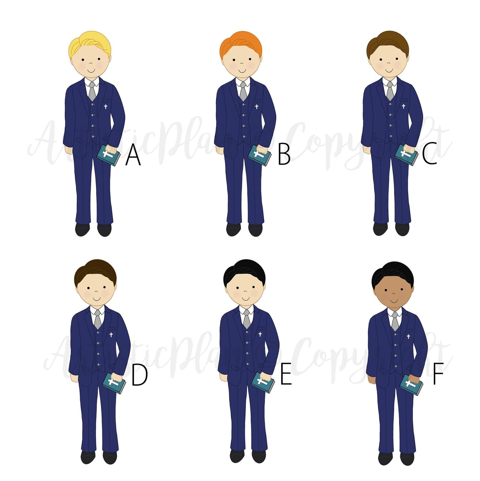 A Blonde Boy, B Ginger hair Boy, C Light Brown Hair Boy, D Brown Hair Boy, E Black hair Boy,F Dark skin Black hair boy
